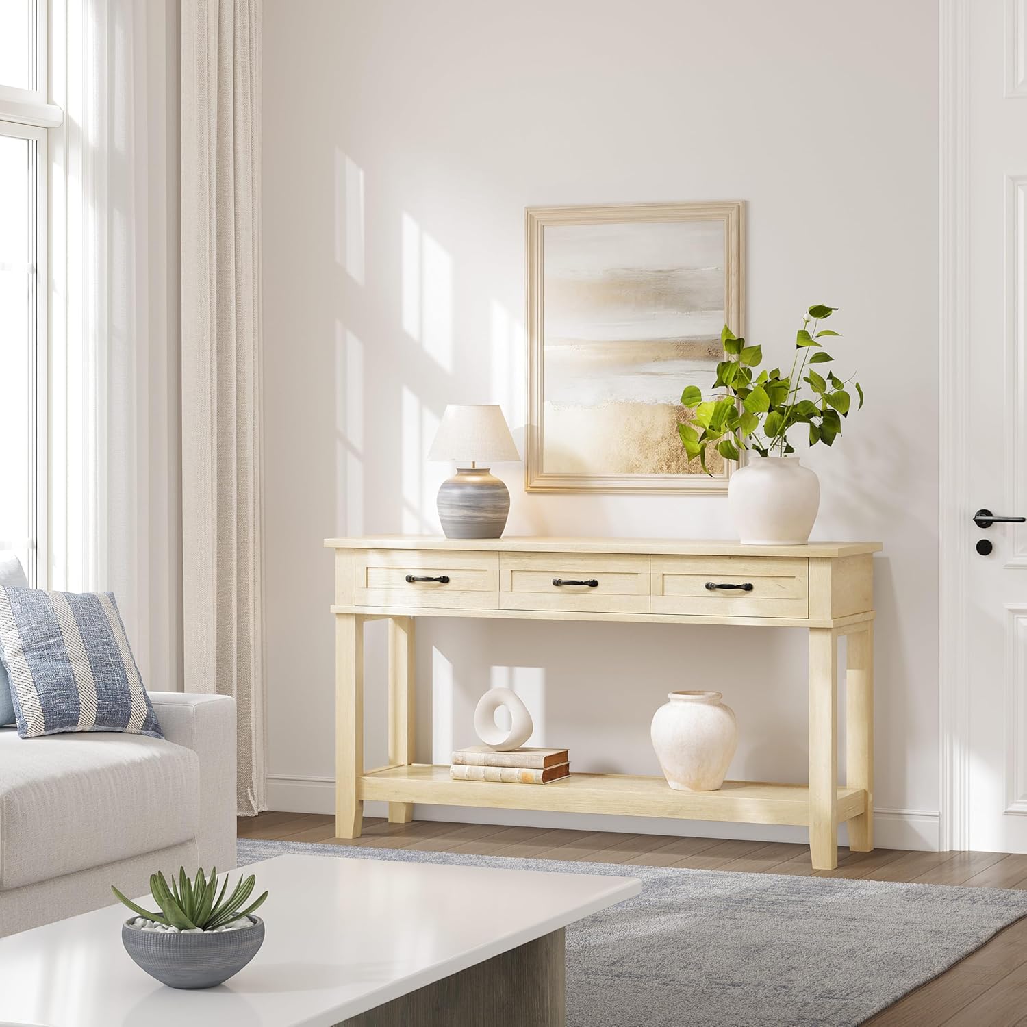 Rustic Farmhouse Console Table – Wooden Entryway Sofa Table with 3 Drawers for Hallway and Living Room, Burlywood