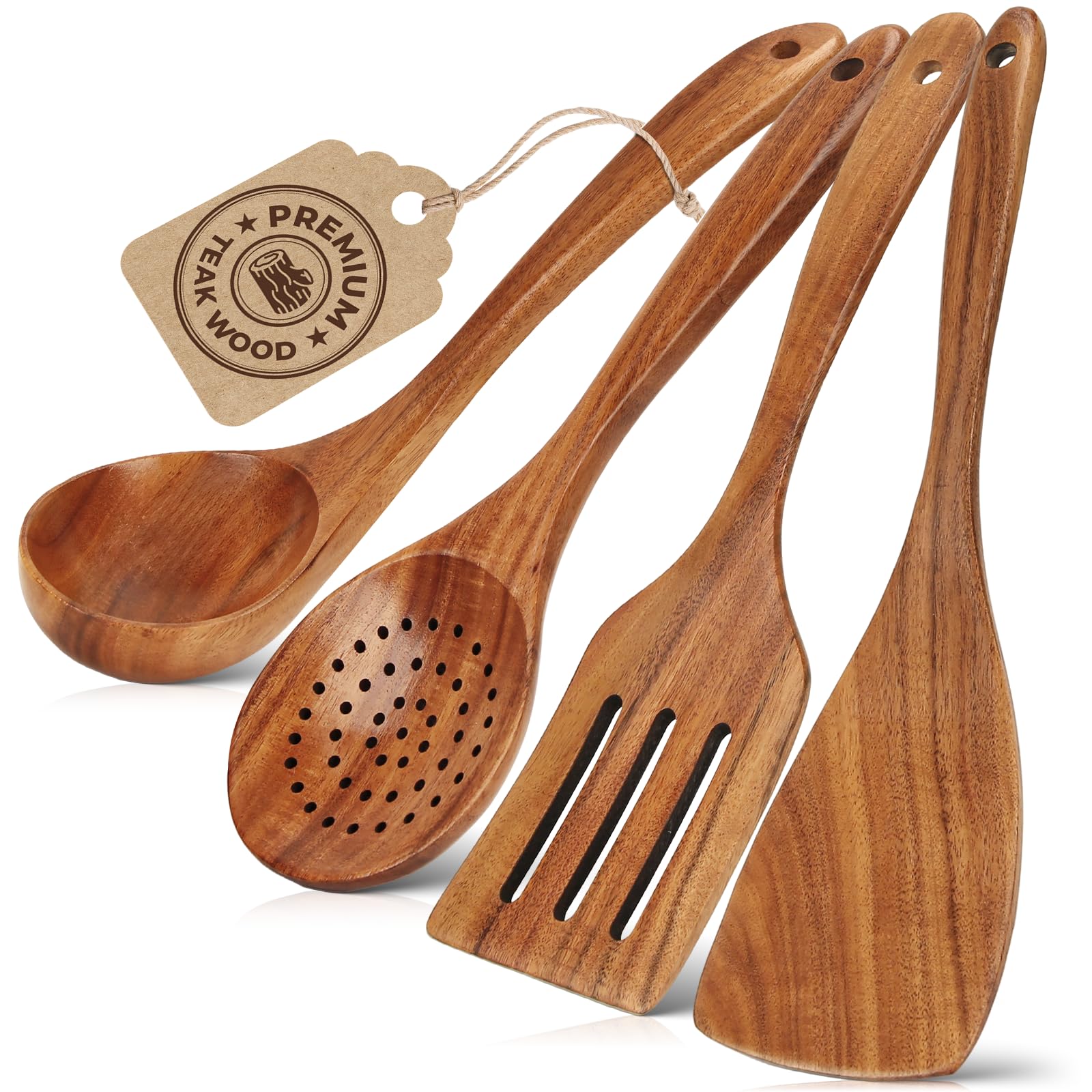 YTYOTO Natural Teak Wood Cooking Utensils Set - 4pcs Wooden Spoons for Cooking with Ladle, Spatula, and Slotted Spoon, Premium Kitchen Tools for Chefs