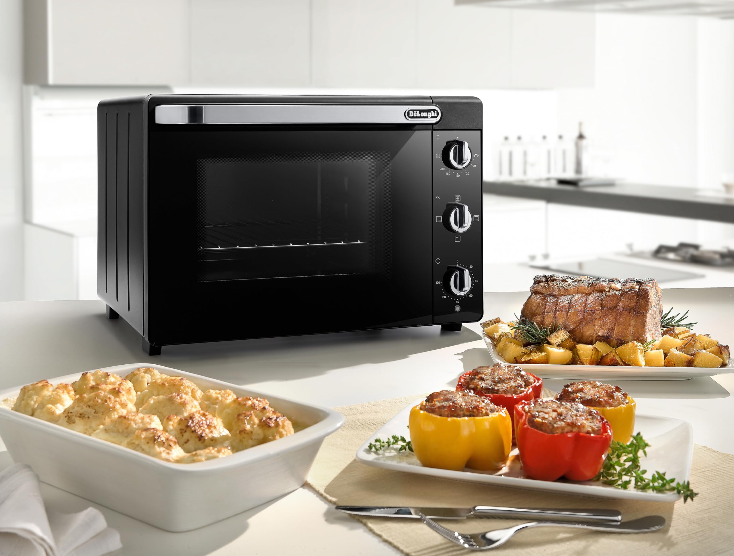 De'Longhi Four électrique, 5 niveaux de cuisson, température 80 – 230 °C, minuteur, capacité 40 L, comprend plaque de cuisson, grille et pince EO40112.BK, puissance 2000 W, noir