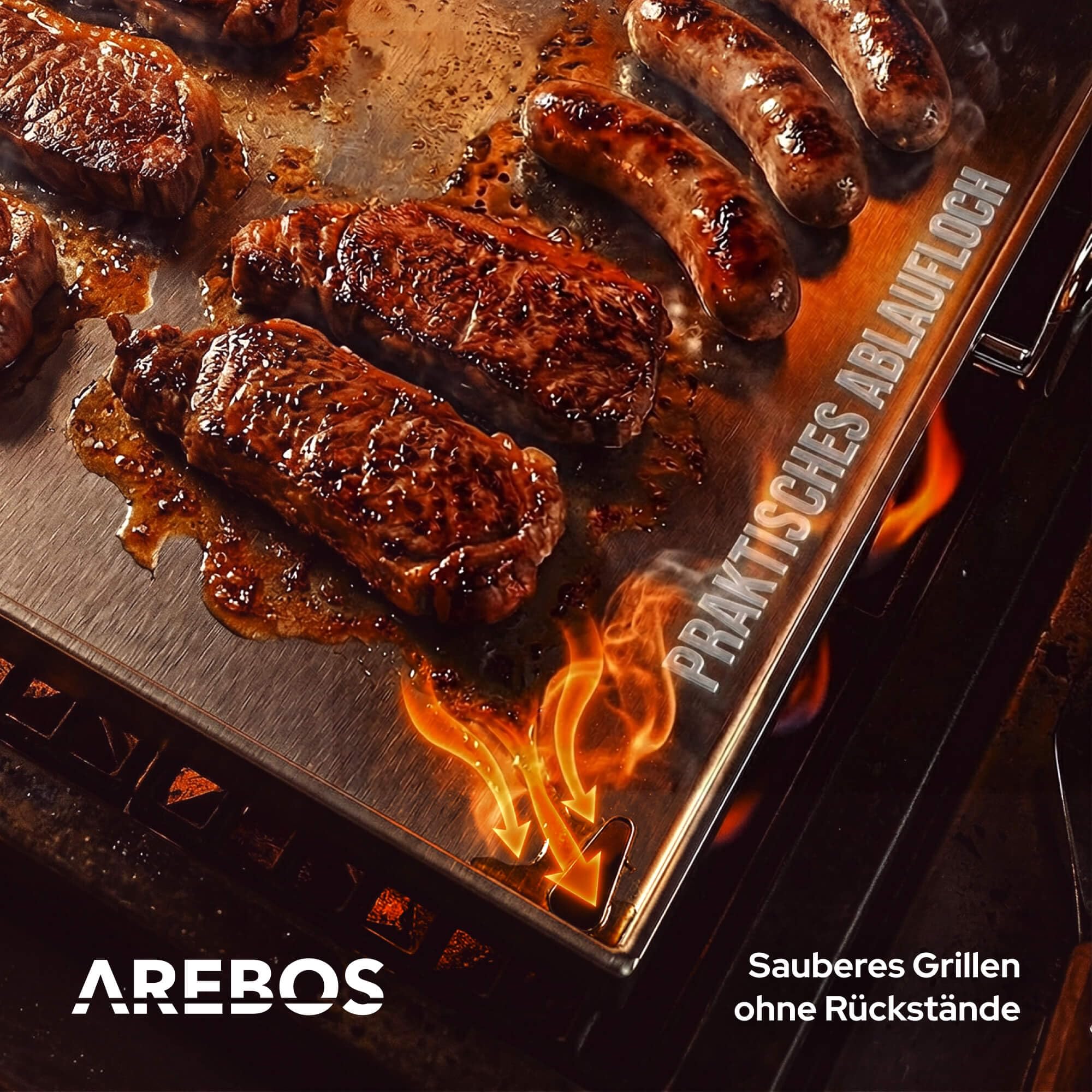 Arebos Plancha Grillplatte Edelstahl 40x30 cm | für Gasgrill, Holzkohlegrill & Camping | 4 mm massiv | 800 °C | LFGB | Fettablauf | 2 Grillspachtel & 5 Spieße | spülmaschinengeeignet