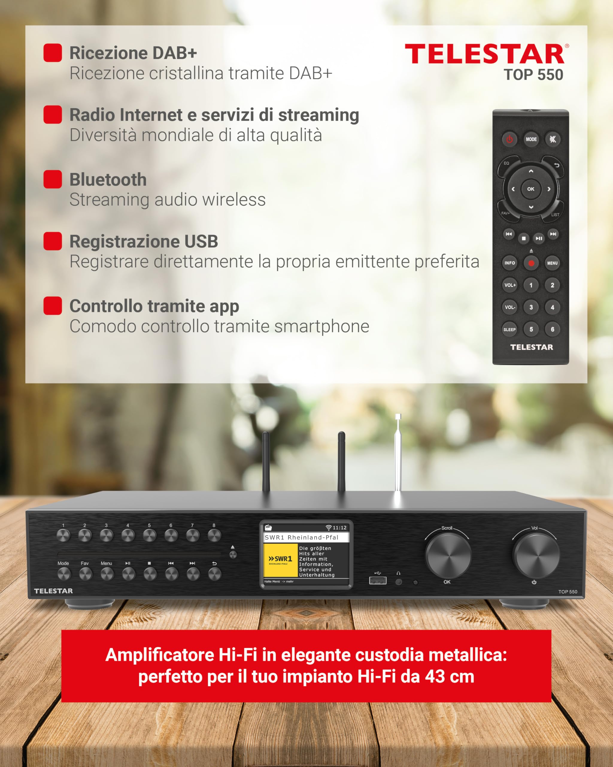 TELESTAR TOP 550 Sistema Hi-Fi con amplificatore e lettore CD 43 cm 2×30 W Radio Internet DAB+ Bluetooth Nero