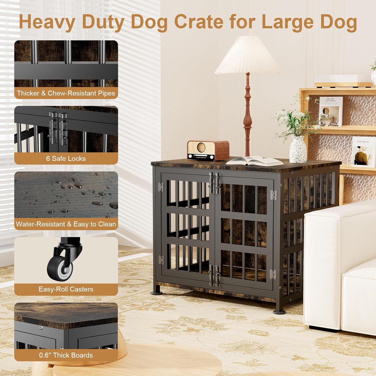 27" Dog Crate Furniture for Small Dogs, Heavy Duty Dog Cage for Small & Medium Dogs with Wheels, Indoor Puppy Crate, 26.6" L x 20.9" W x 23.8" H, Decorate House as TV Stand, End Table — Rustic Brown