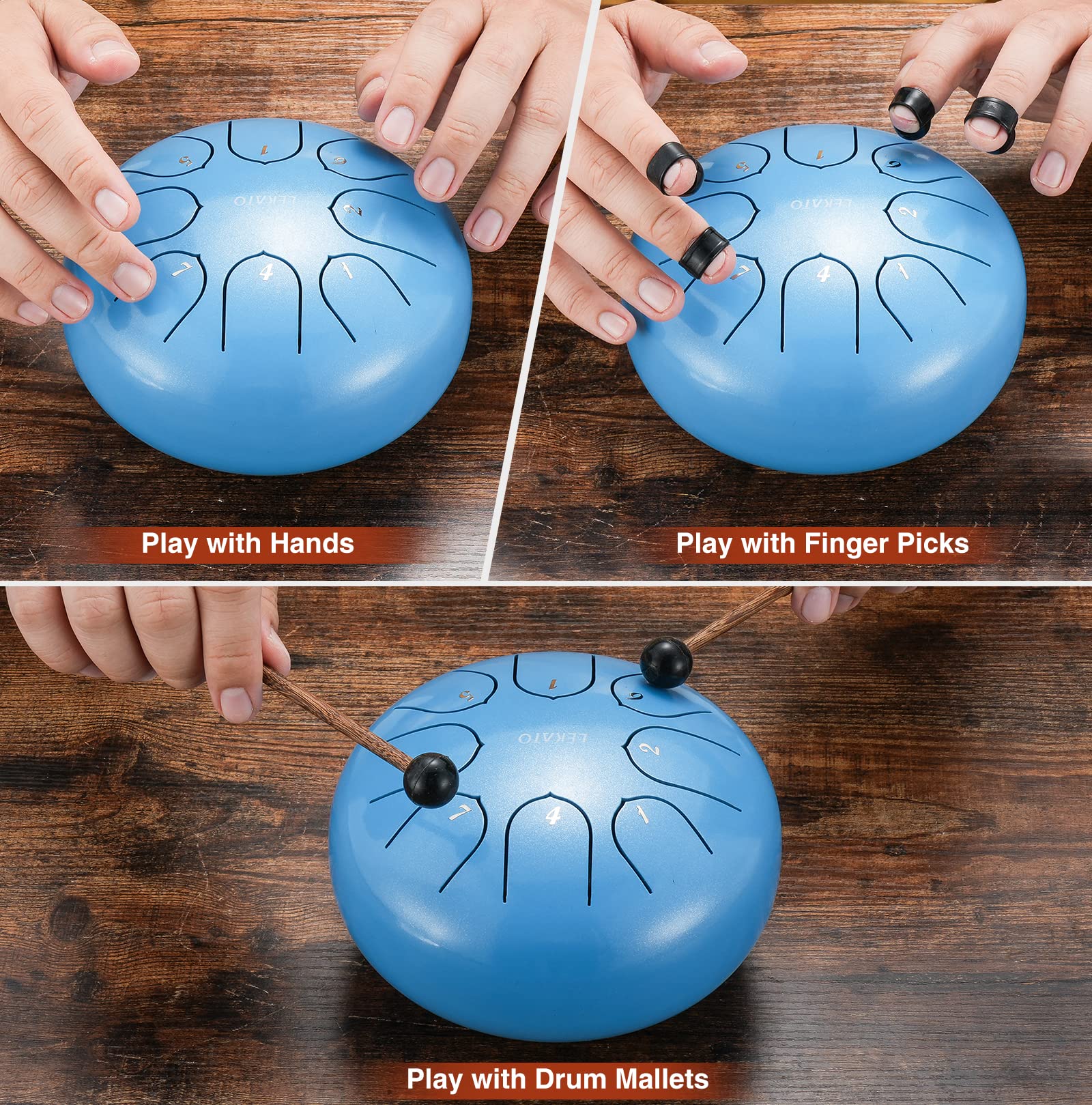 LEKATO - Tambor de lengua de acero, 6 pulgadas, 8 notas, instrumentos de percusión – Tambor de mano con libro de canciones, mazos de tambor (azul cielo)