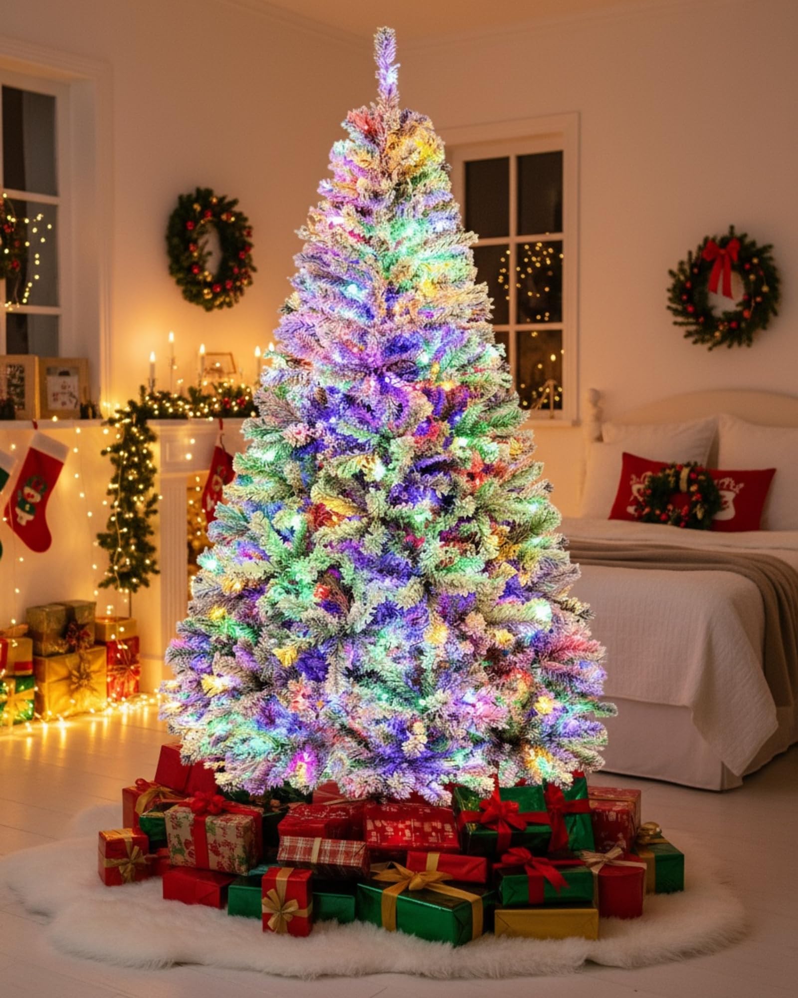 Himimi 180cm Árbol de Navidad Artificial con Iluminación, 250 Leds RGB, 8 Modos de Iluminación, Árbol de Navidad Artificial con Nieve, 1000 Ramas PVC, Decoración Navideña para Casa Oficina(Blanco)