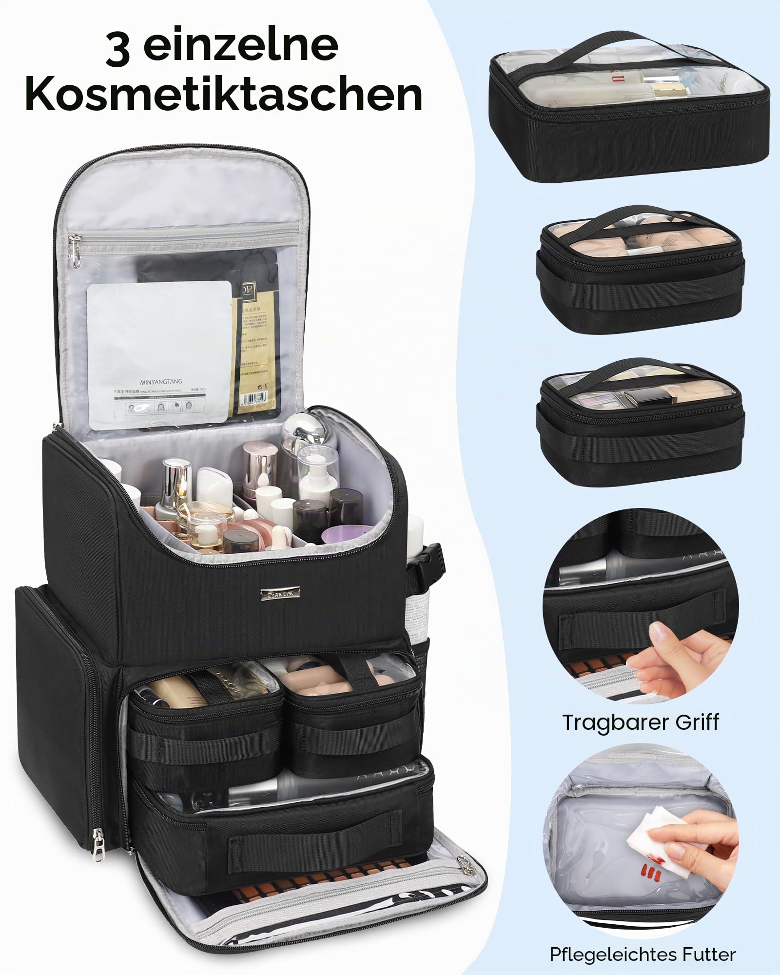 Relavel Makeup-Rucksack, große Make-up-Tasche mit 3 klaren Sets, Doppelwandige professionelle Kosmetiktasche für Reise-Train-Case, Make-up-Artist-Set mit verstellbaren Fächern