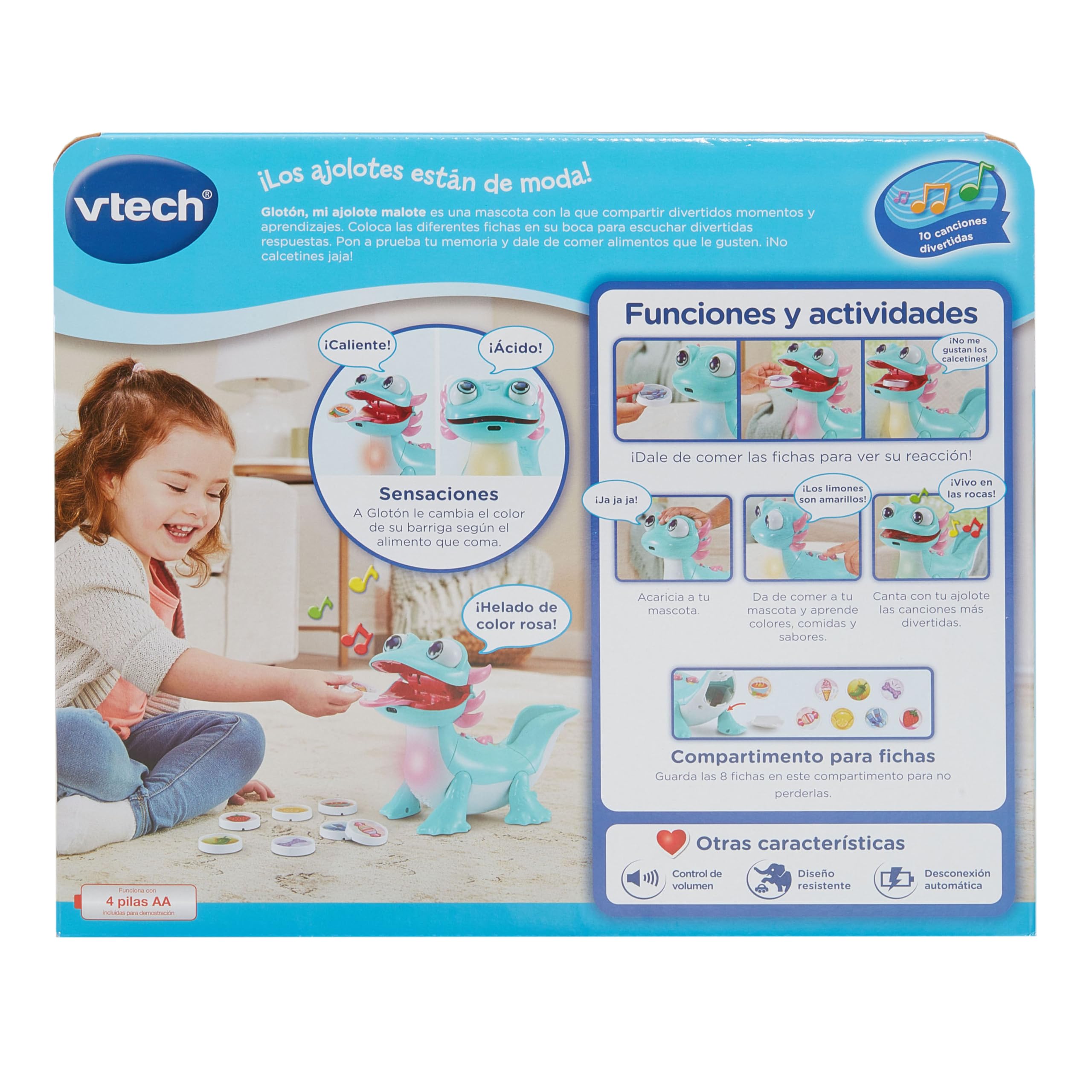 VTech - Glotón mi ajolote malote, Mascota interactiva, Juguete Educativo con Luces LED, Respuesta táctil, Actividades didácticas, Regalo niños +2 años, Versión ESP
