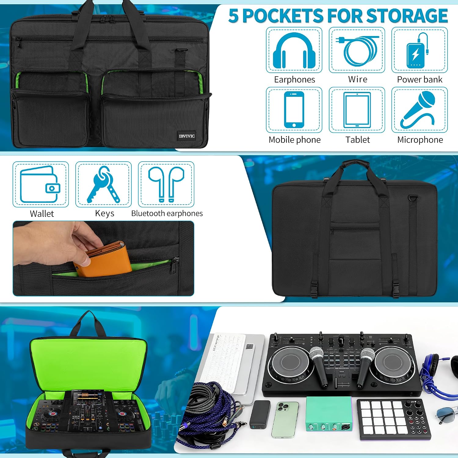 IBVIVIC DJ Controller Storage Bag Case Fits for XDJ-RX2/XDJ-RX3/DDJ-REV5/DDJ-REV7/Denon DJ Prime 4/MCX8000 Padded DJ Travel Carrying Bag