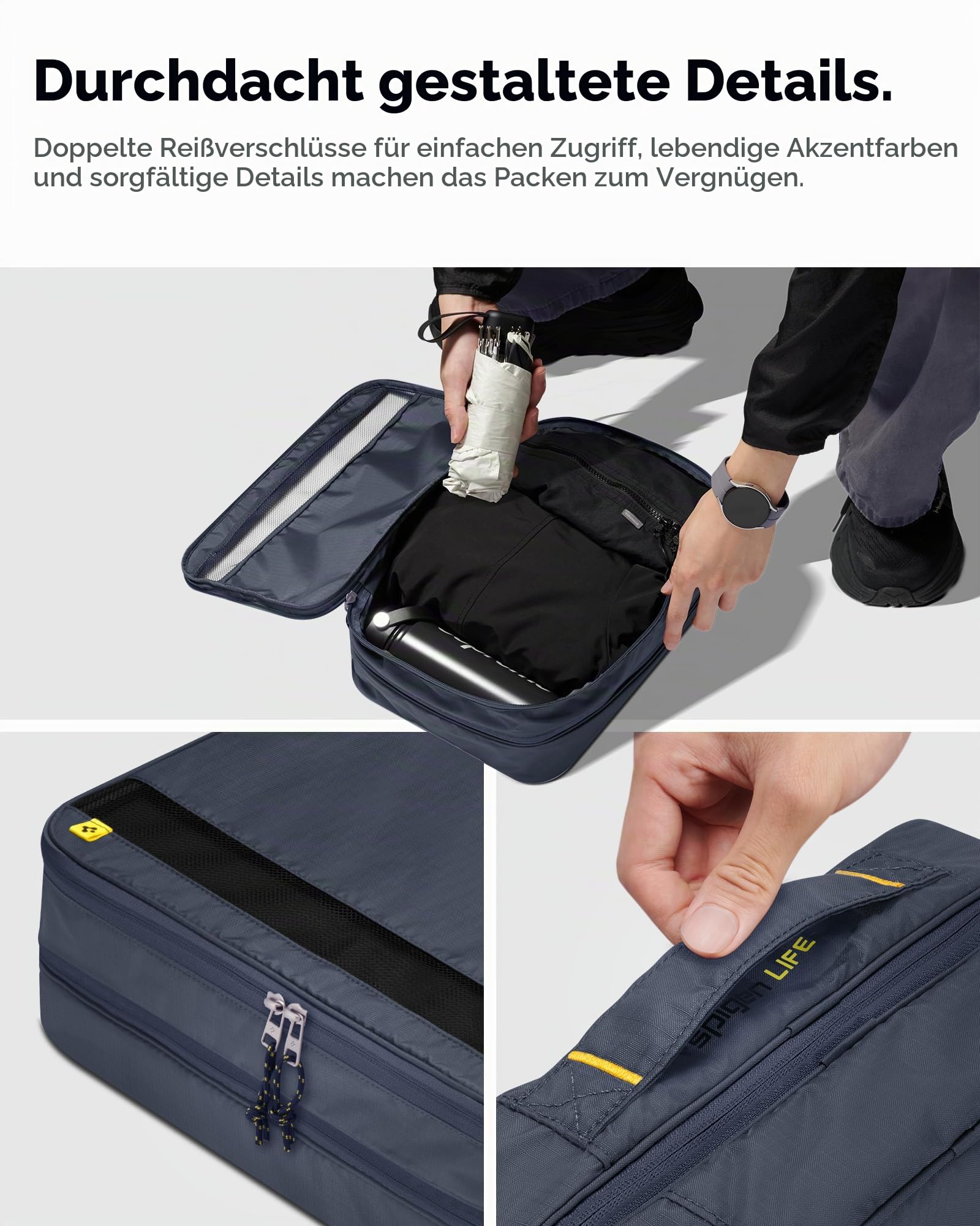Spigen Life Packing Cube Packwürfel Koffer Organizer Set Packtaschen mit Kompression und Reißverschluss für Reisen und Urlaub L1+L1 2 Stück - Grotte Grau