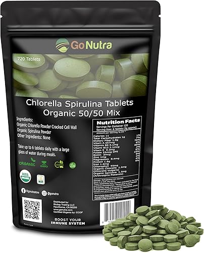 Go Nutra Comprimidos orgánicos de espirulina Chlorella mezcla 5050  Superalimento denso en nutrientes  Proteína vegana, clorofila, enzimas  500 mg