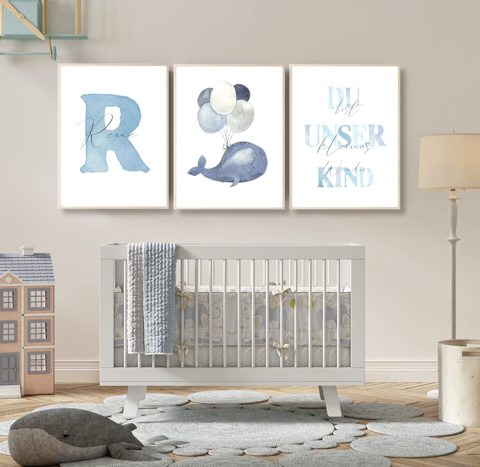 Pandawal Kinderzimmer Bilder mit Spruch und Name Wal 3er Poster- Set für Mädchen und Junge Wandbilder