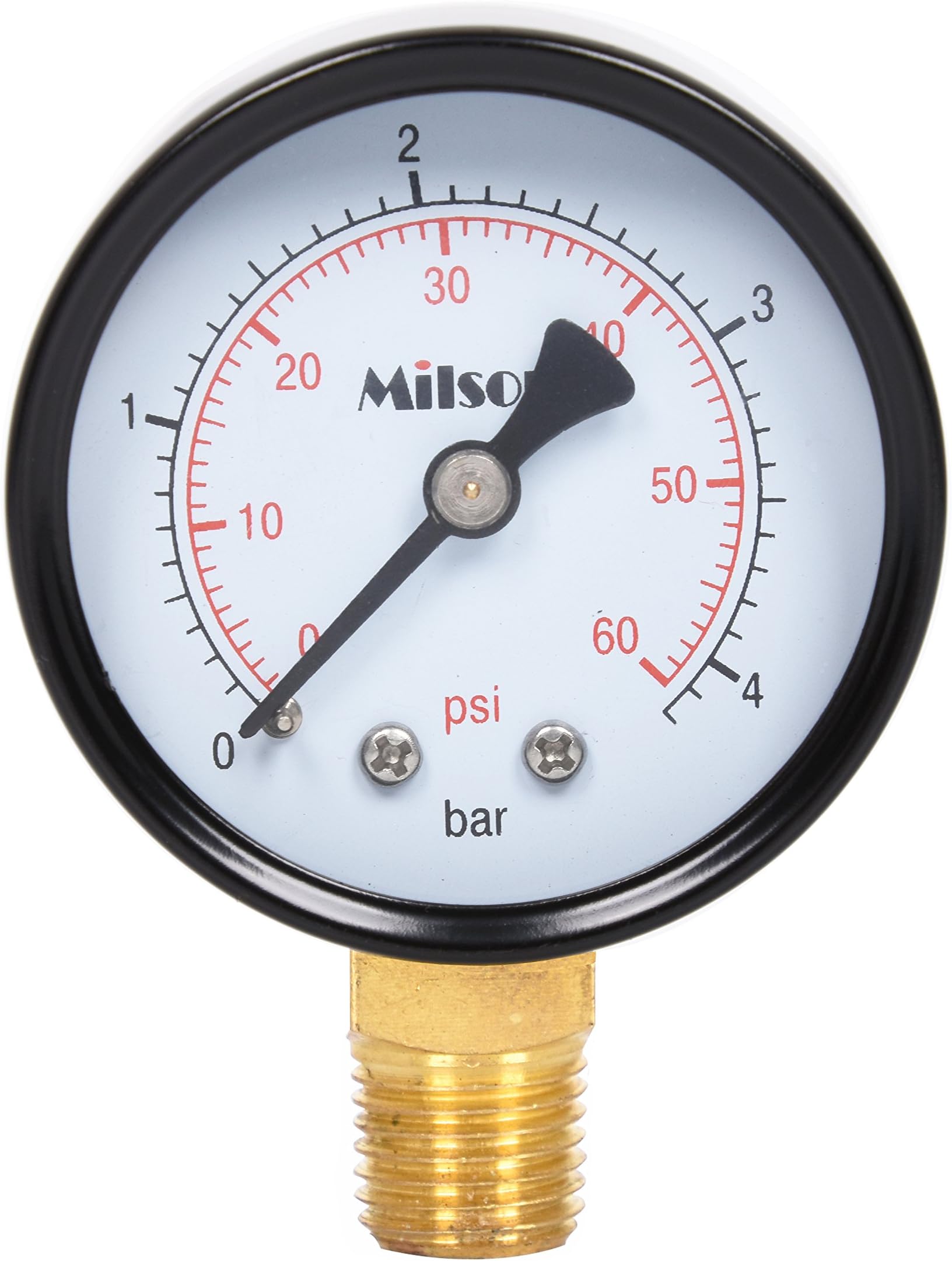 Milson Pressure Gauge, 2" Black Steel Case, Bottom Mount, 1/4"NPT, 0+60 Psi/Bar, Accuracy: +/-2.0, Brass Internal, Multiple Function