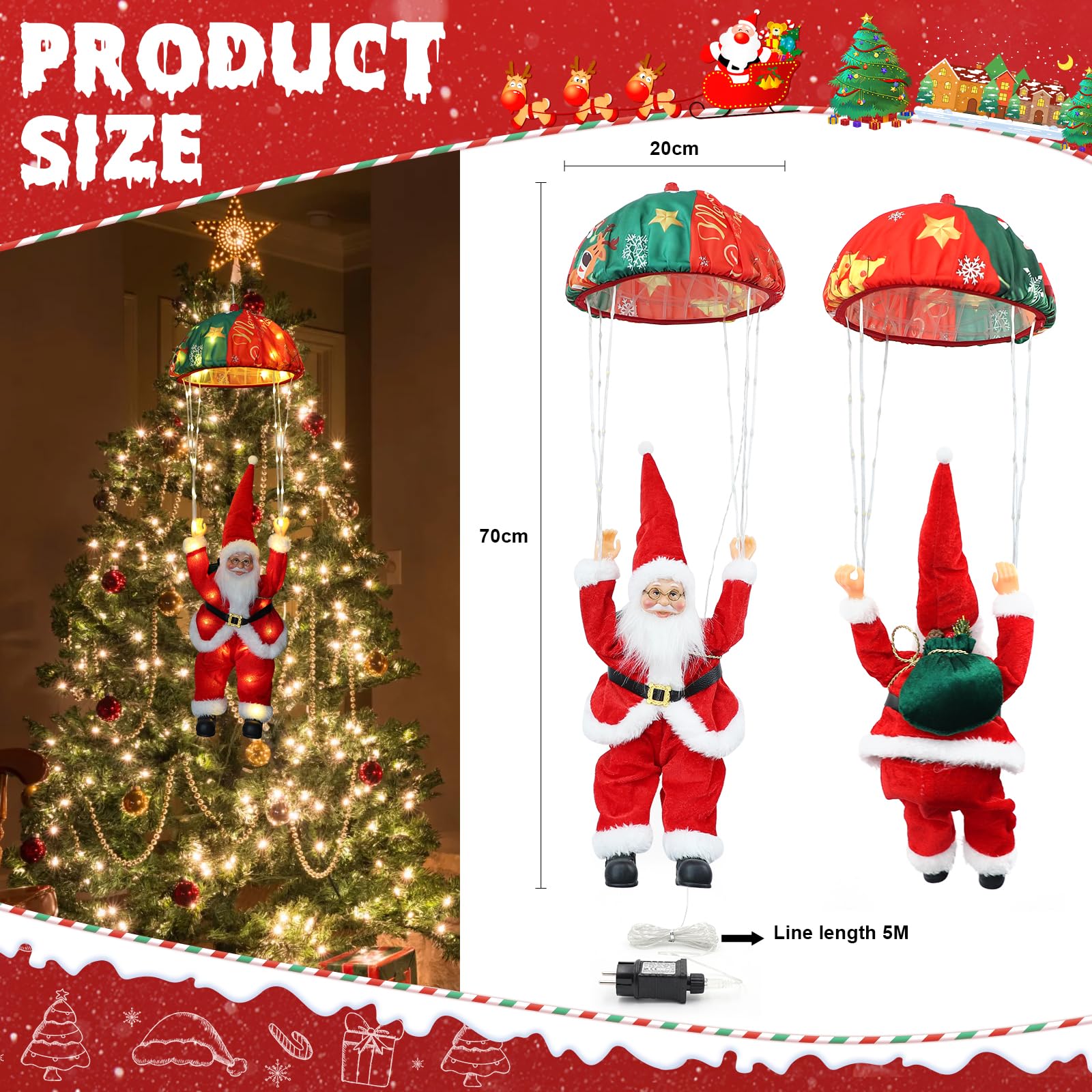 Auting Guirlande Noël LED Parachute Père Noël 8 Modes Minuterie | Fonction mémoire pour conserver le dernier réglage, adaptée aux fenêtres et décorations festives