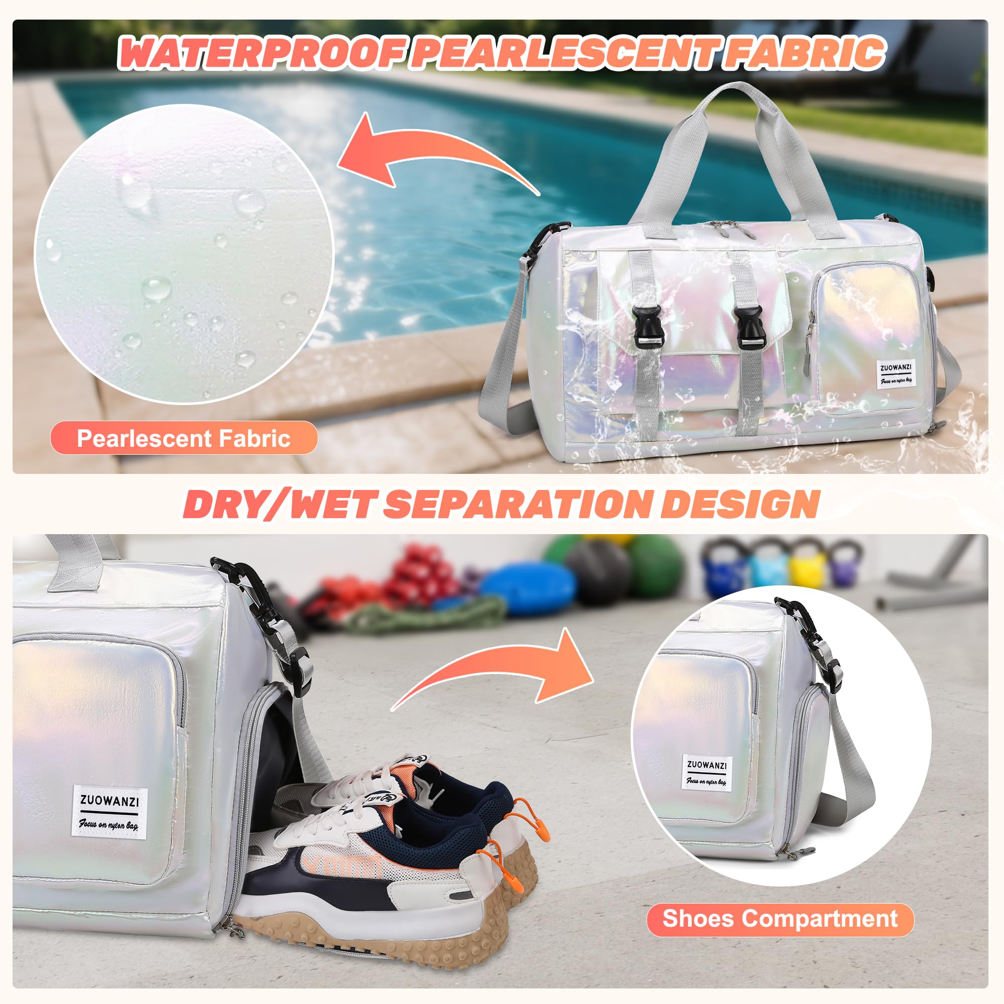 Borsone Palestra Donna Grande Borsone da Viaggio con Tracolla Borsa Piscina Impermeabile Borsa Sportiva con Scomparto Scarpe Borse Danza Leggero per Gym Piscina Nuoto Ginnastica, Bianco