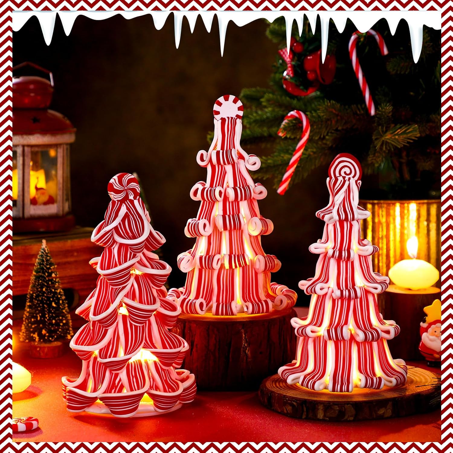 Suzile 3 Pcs Christmas Ribbon Candy Tree Tabletop Decor 7 Inches Mini Light up Resin Clay Peppermint Tree for xmas Home Table Mantle Centerpieces decorations (Red,Green,Pink,White)