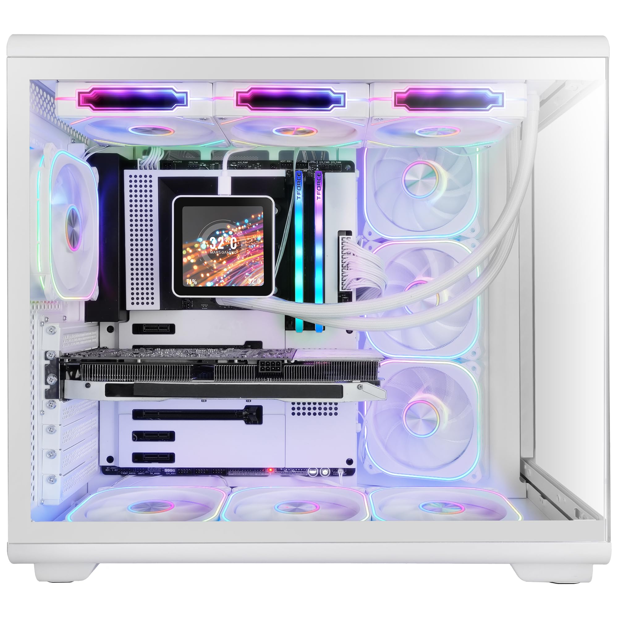 Mars Gaming MC-REVMAX, Boîtier PC ATX, Écran IPS 11.8", Verre Trempé Continu, 4 Ventilateurs PWM ARGB, Refroidissement Liquide jusqu'à 360mm, Compatible Cartes Mères à Connecteur Inversé, USB-C, Blanc