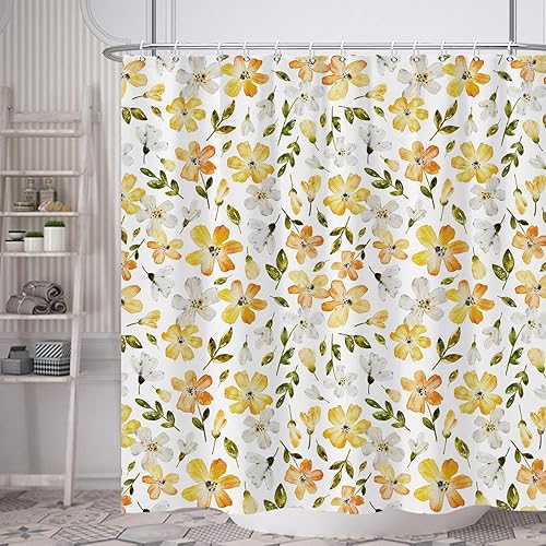 Cortina de ducha con flores amarillas, juego de cortina de ducha floral amarilla para baño, cortina de baño de tela de jardín bohemio con ganchos,