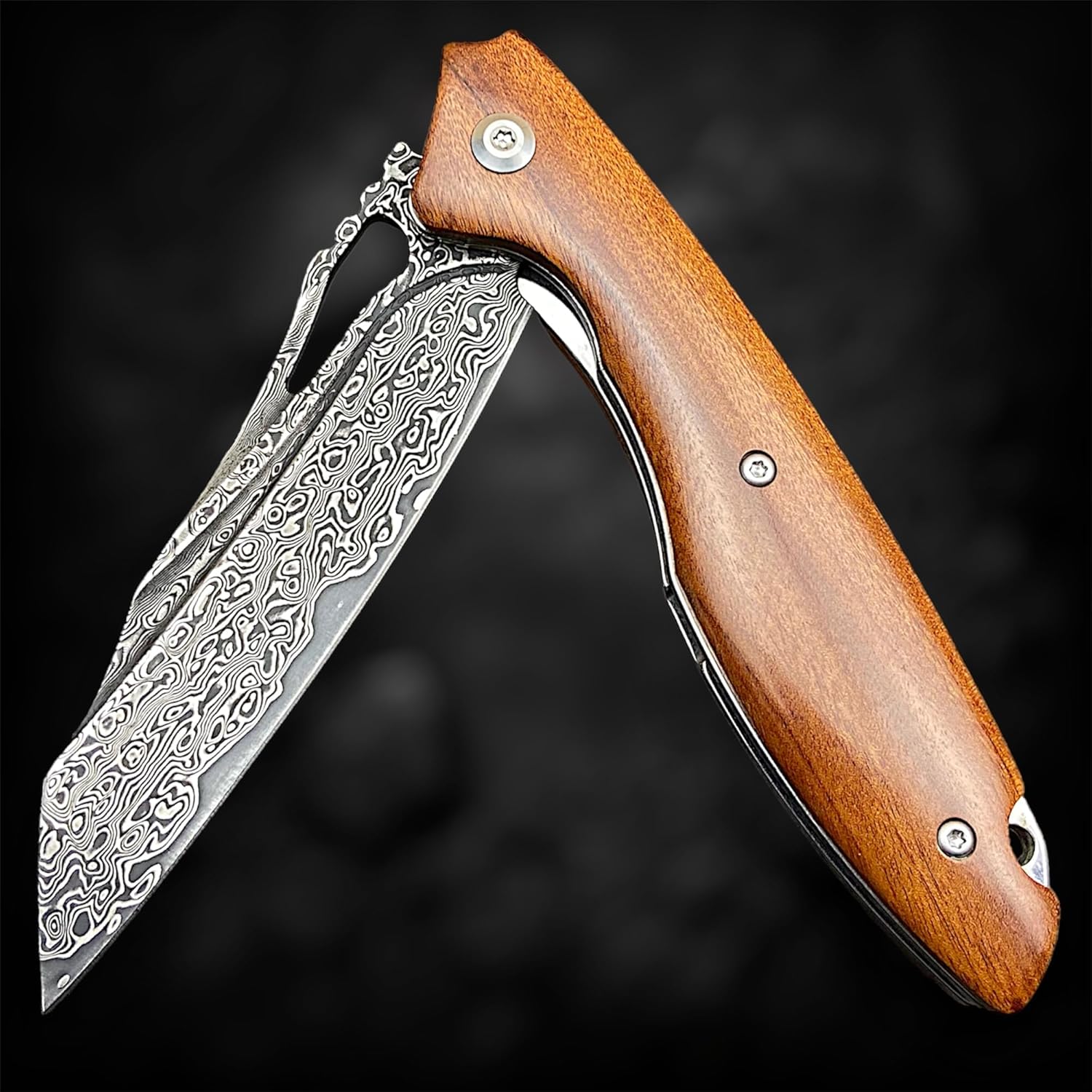 TACTICAL GEARZ Damascus Pocket Knife for EDC, Custom Ironwood Handle, Multi-Layered Damascus Steel Blade (Kau)