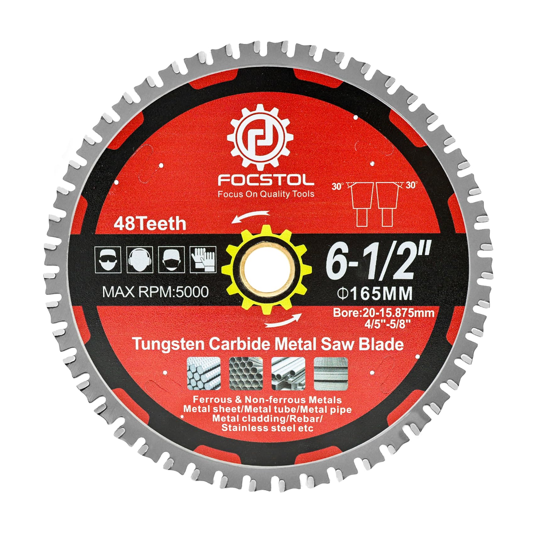 6-1/2 Inch Metal Cutting Circular Saw Blade - FOCSTOL Tungsten Carbide Tipped Saw Blade 48T for Steel Stainless Steel Ferrous Metals Steel Pipe Arbor 4/5 Inch x 5/8 Inch
