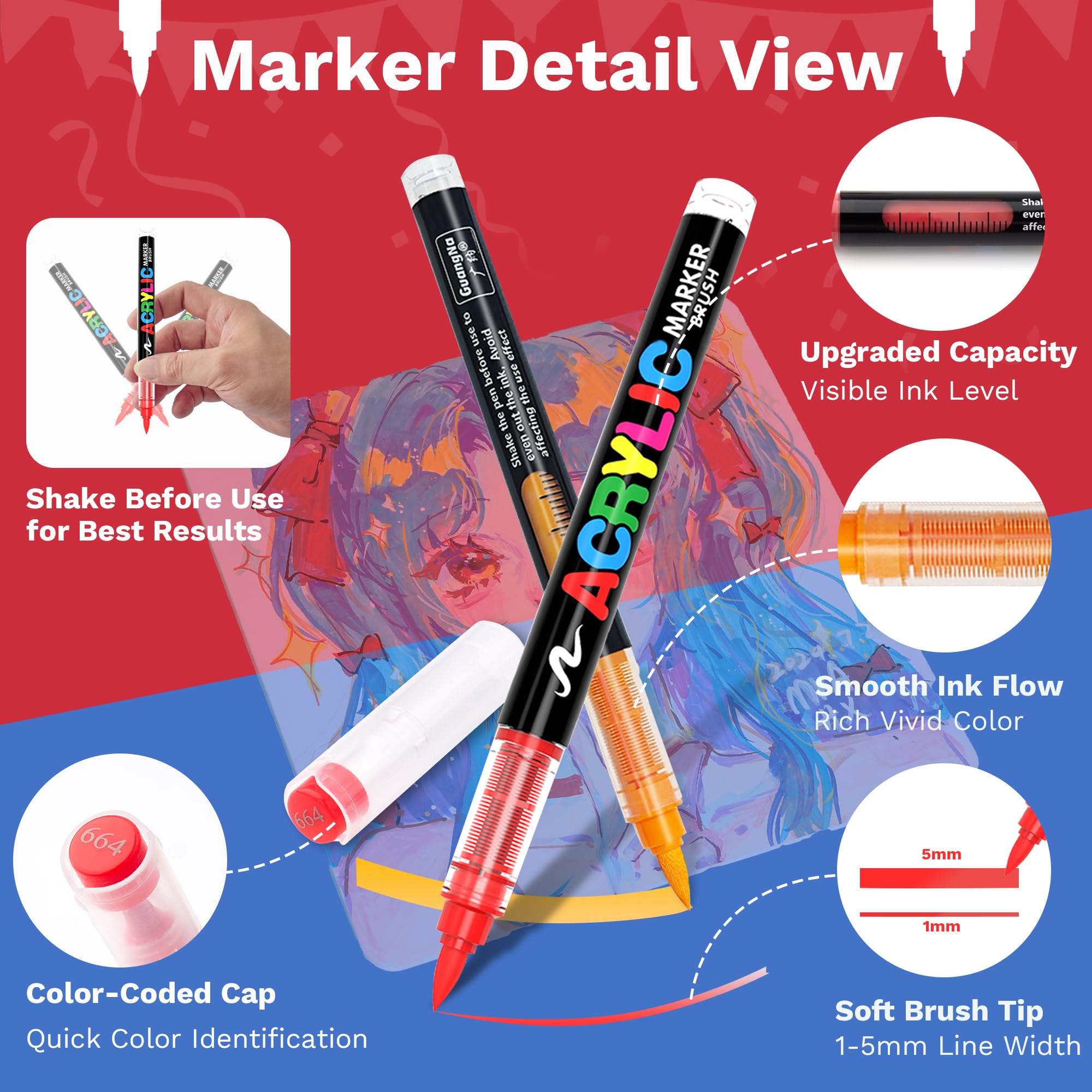 Pennarelli Acrilici 288 Colori con Punta a Pennello, Set Acrylic Paint Markers con Custodia, Colori Vivaci per Artisti, Disegno, Vetro, Tessuto, Legno, DIY e Artigianato