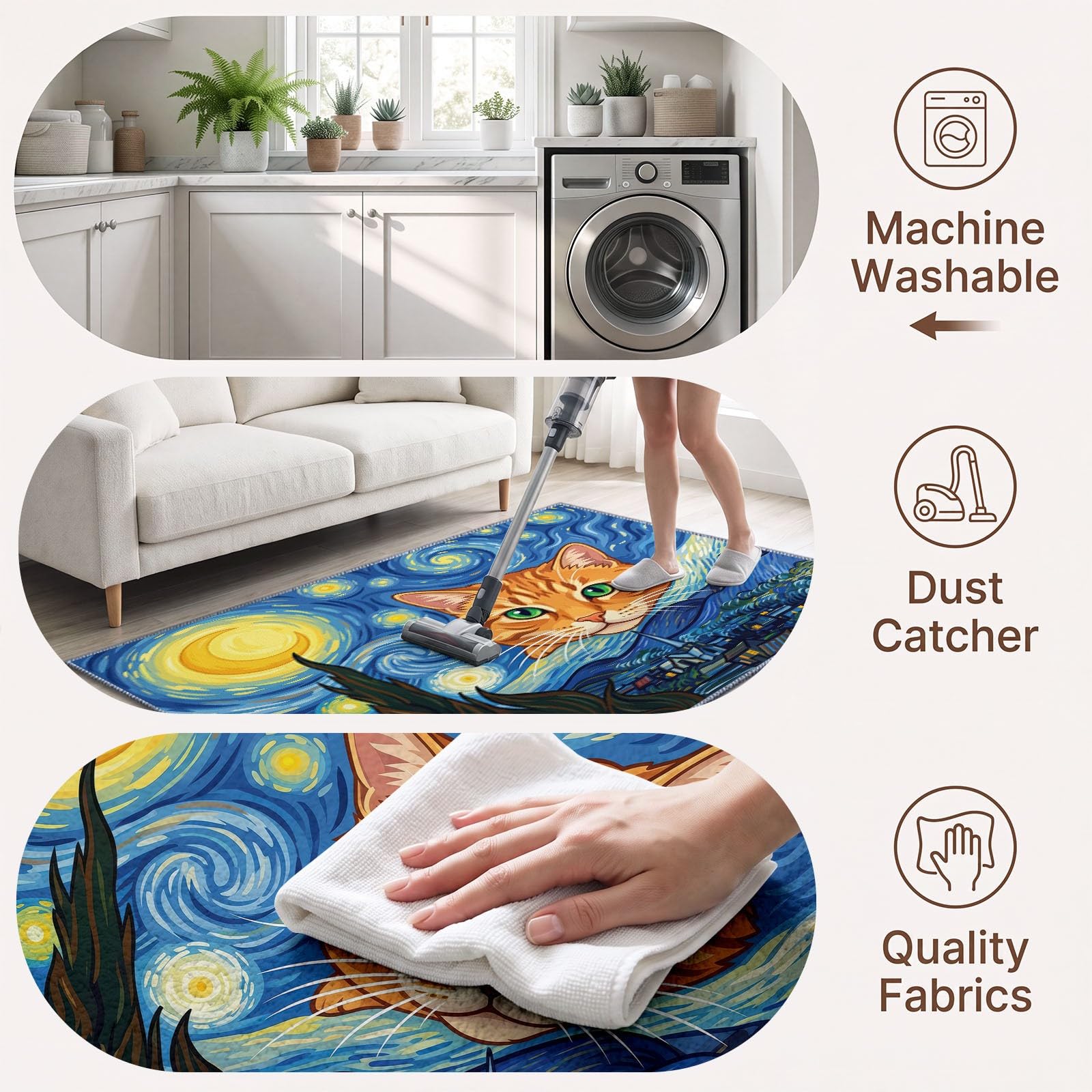 Tapis de Salon Lavable en Machine 160 x 230 cm, Peinture À L'Huile Animaux Chat Ciel Étoilé Tapis Chambre, Antidérapant, Poils Courts, Douce, Adapté à L'aspirateur pour Entree Interieur, Couloir, Bleu
