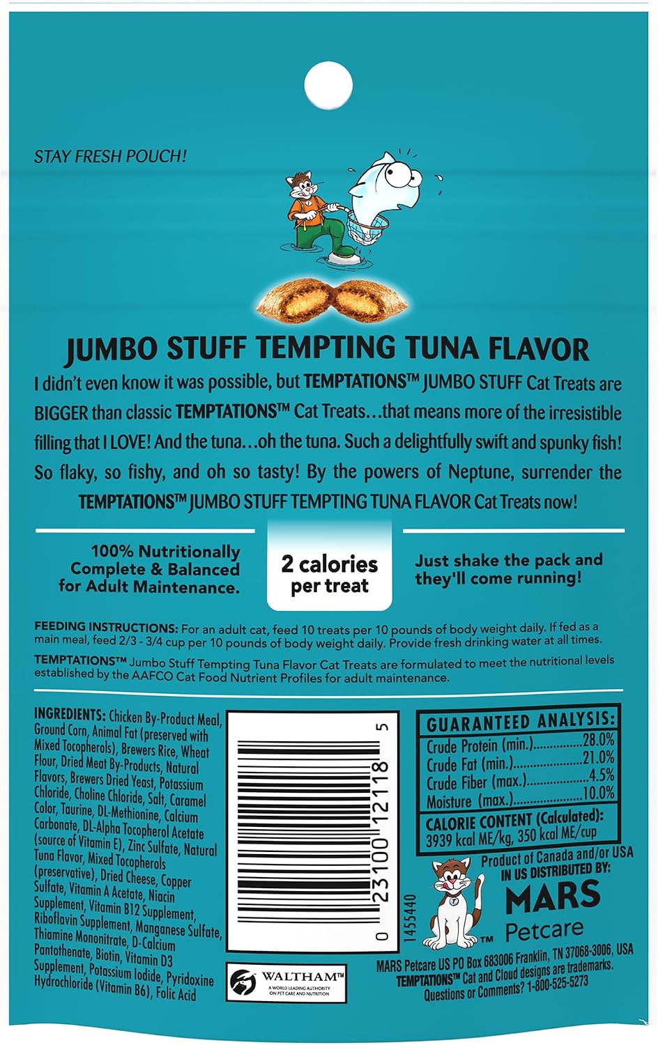 Temptations Jumbo Stuff Crunchy and Soft Cat Treats, Tempting Tuna Flavor, 2.5 oz. Pouch (Pack of 12)