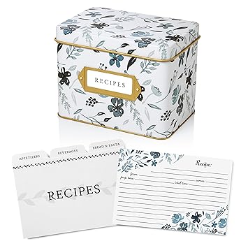 Jot & Mark Recipe Card Complete Gift Box | Decorative Tin Box, Recipe Cards, Index Dividers (14 dividers, 50 4x6 inch Cards, 1 Box)