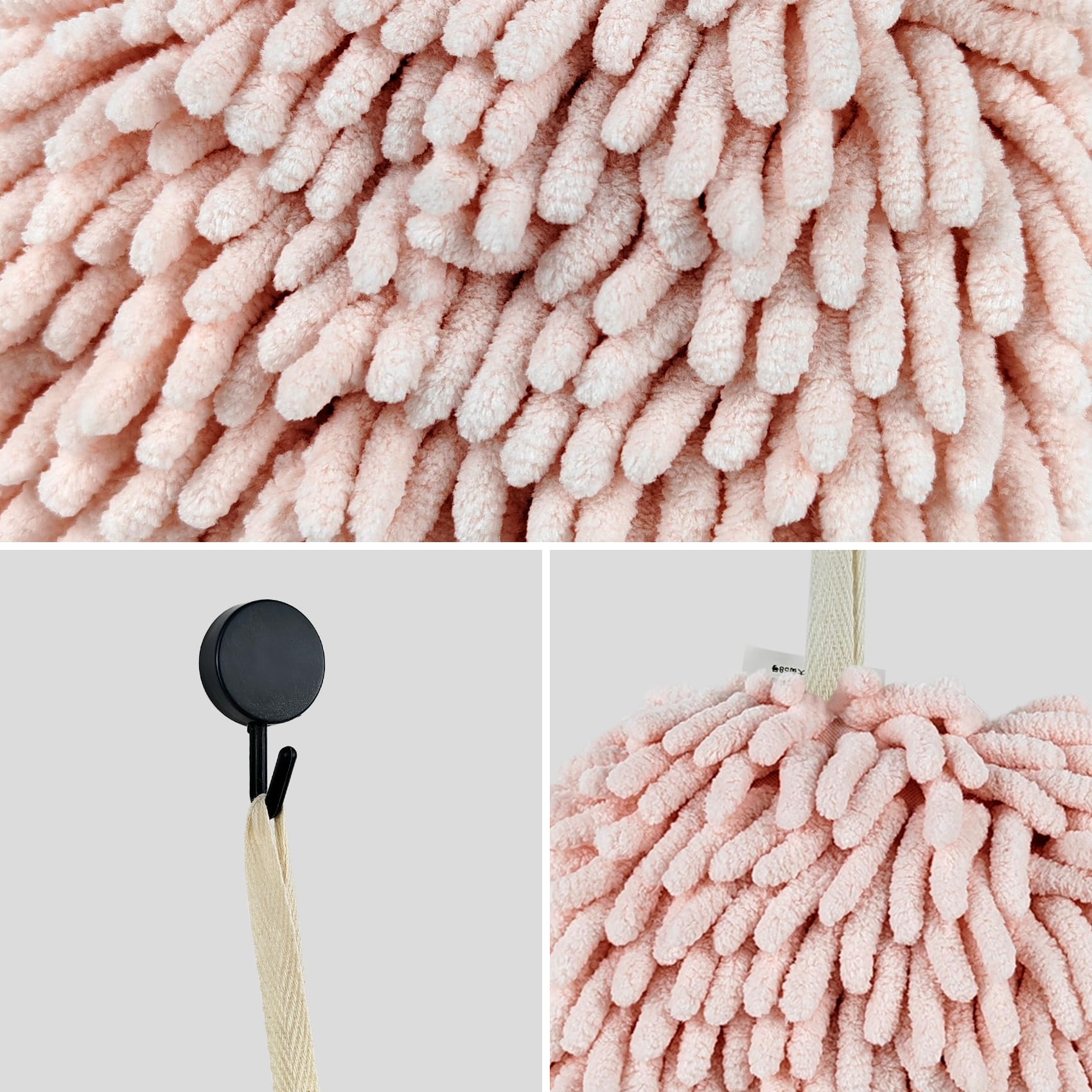 Fuzzy Ball Hand Towels, Set of 2, Chenille Quick Dry, 6.9inch (pink), large size - Image 3