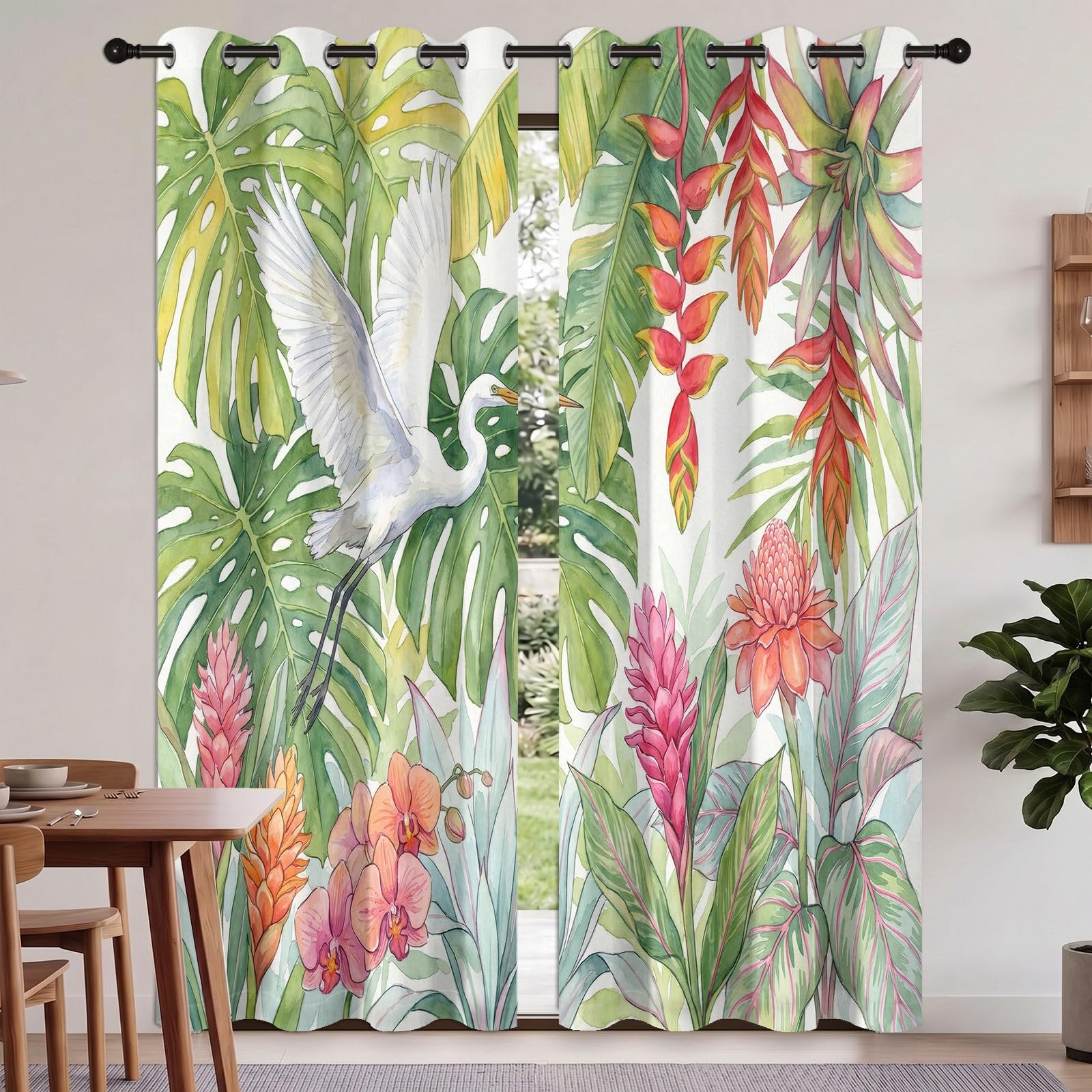Zasłony zaciemniające Liść ptaków 70 L x 240H cm (2 panele), termoizolacyjne mocowanie z oczkami Egret i tropikalne liście do łazienki, zielone