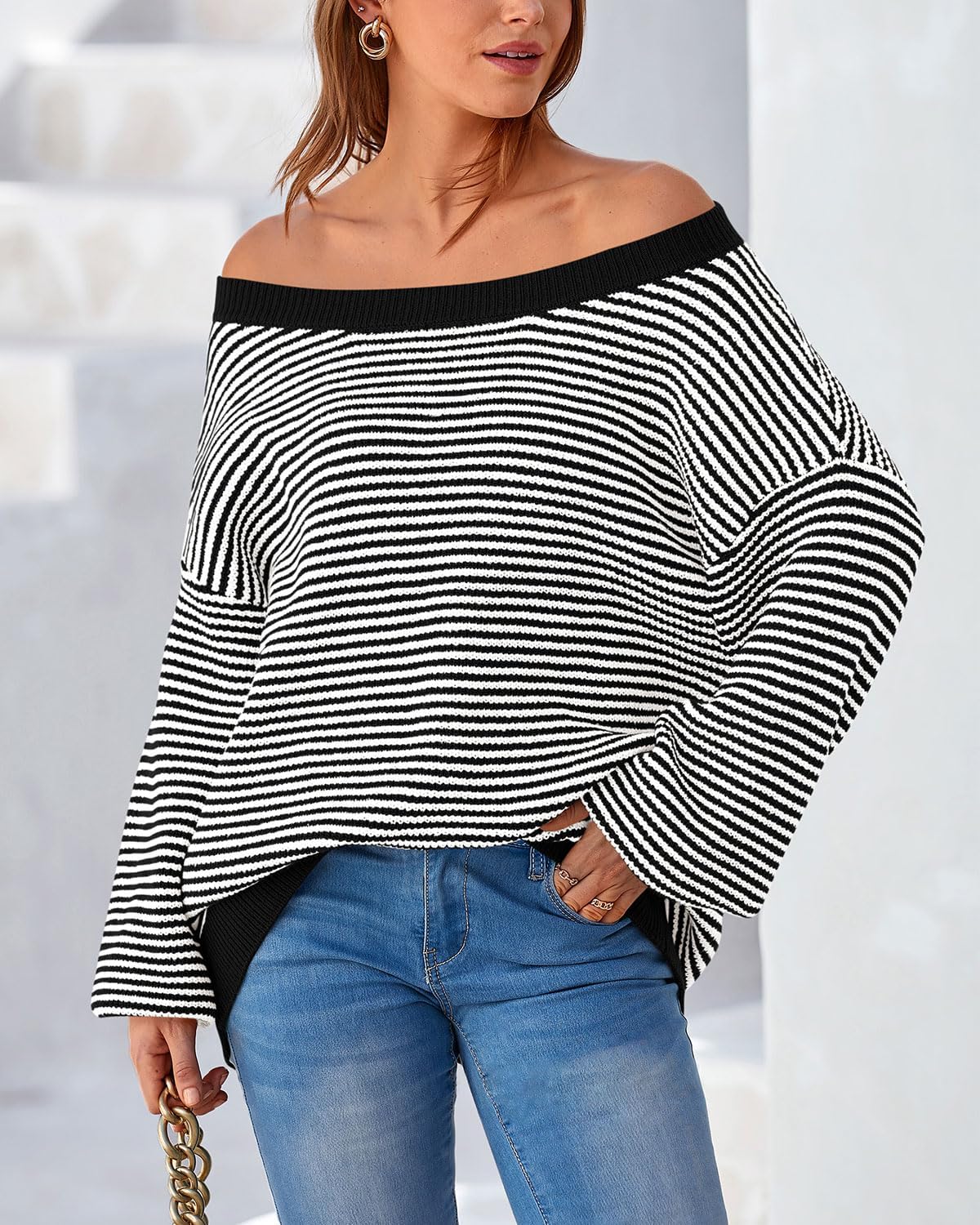 Zenlonr Womens Off The Shoulder Sweater 2025 Fall Winter Long Sleeve Striped Sweater Oversized Knitted Pullover Tops - Image 4