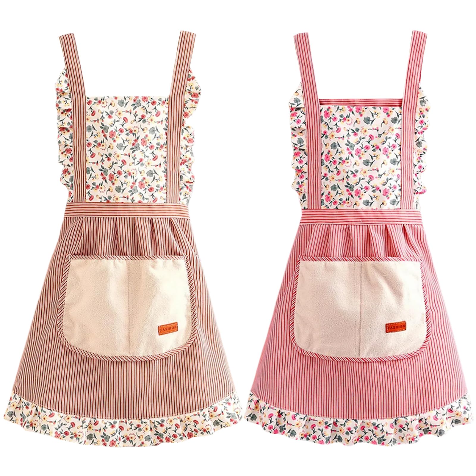 Hwtcjx Chef's Apron, 2 Pieces Women's Kitchen Apron, Adjustable Aprons with 2 Pockets, Restaurant Aprons BBQ Bar Chef Kitchen, Unisex, Floral (Coffee, Pink)