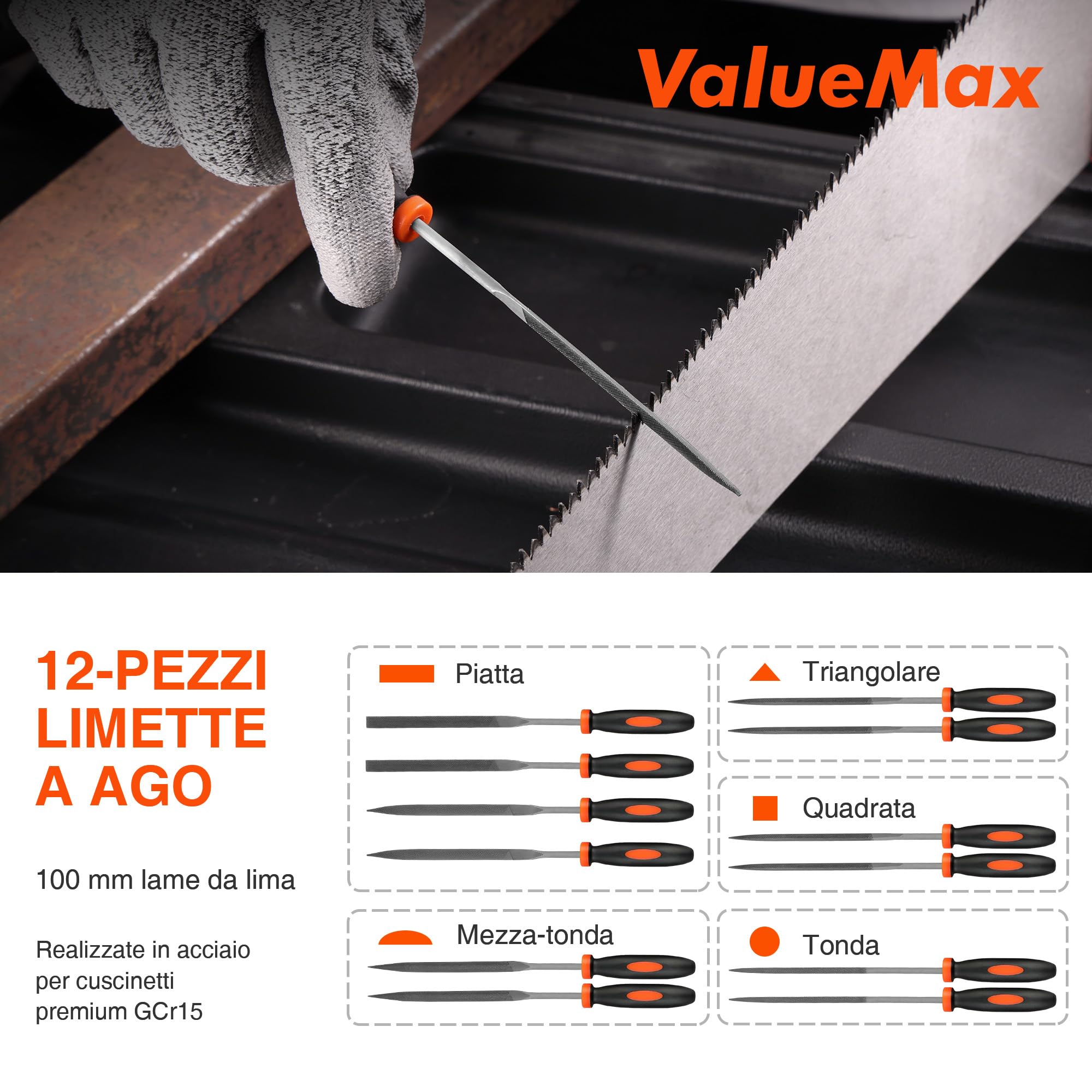 ValueMax Set di Lime Professionali da 17 Pezzi con Custodia, 4 Lime Grandi da 200 mm,12 Lime Piccolo ad Ago da 100 mm, Spazzola di Pulizia, Lavorazione per Metallo, Legno
