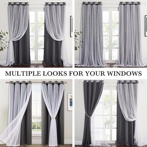 Vista 5 de PONY DANCE Blackout Curtains 72 Inches Long - White Sheer Overlay Thermal Insulated Curtains for Living Room Sliding Glass Door, Cortina para Sala