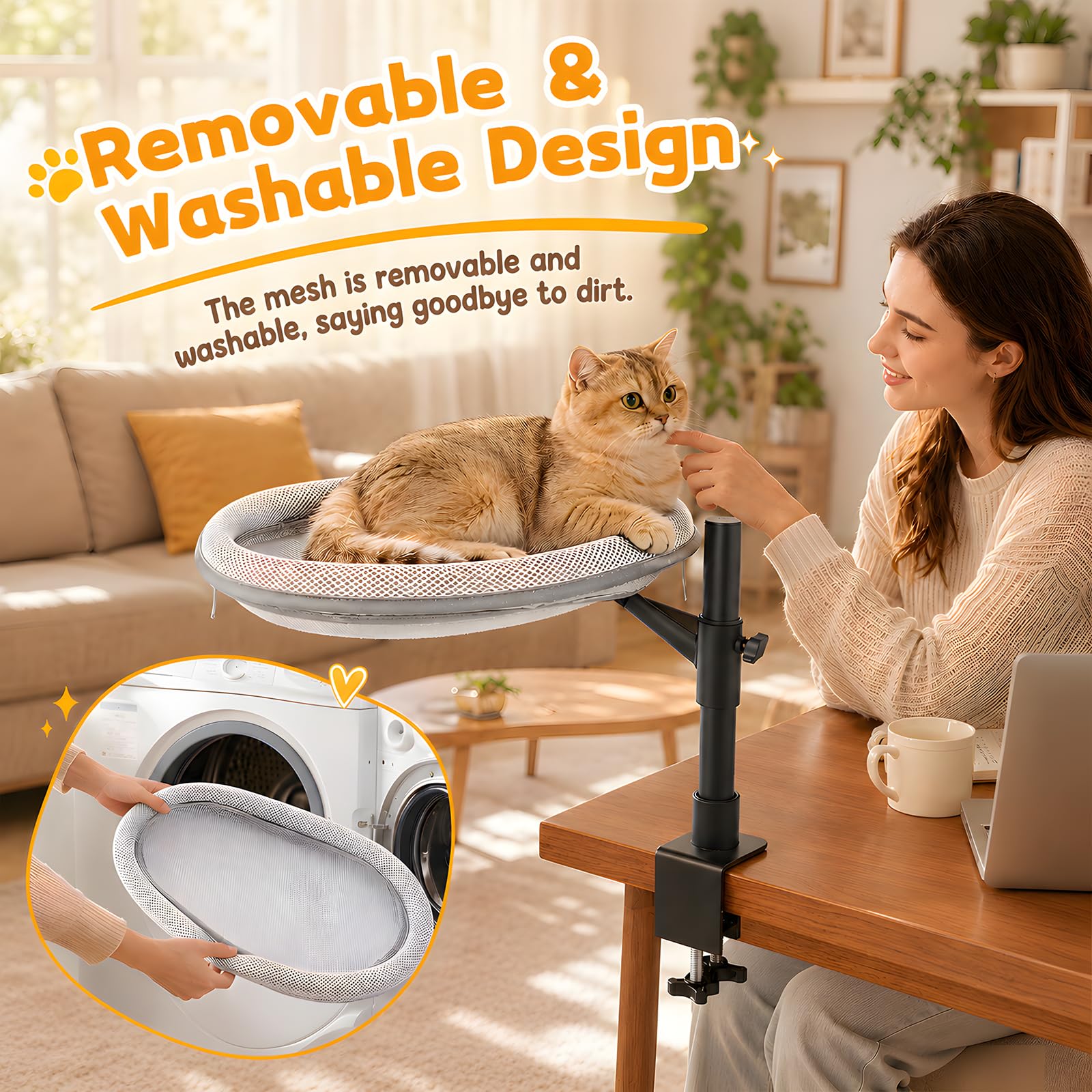Cuccia gatti scrivania, Amaca gatti girevole a 360° e regolabile in altezza | Cuccia scrivania gatti Cuccia scrivania con rivestimenti rimovibili per gatti per casa e ufficio (fino a 15 kg)