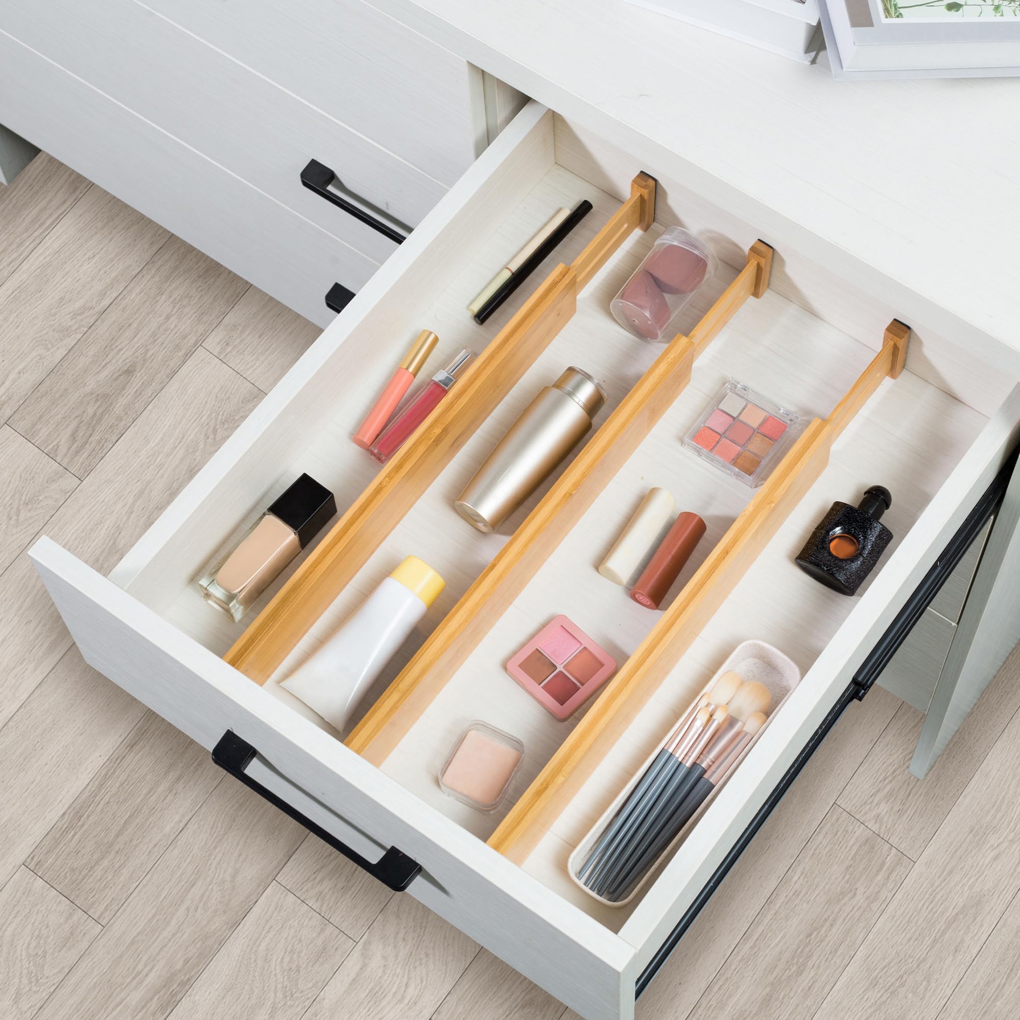 VaeFae Lot de 6 Séparateurs de Tiroir Extensibles en Bambou, Organiseur de Tiroir Réglable (42,3–55,3 cm), Rangement Tiroir Cuisine et Bureau