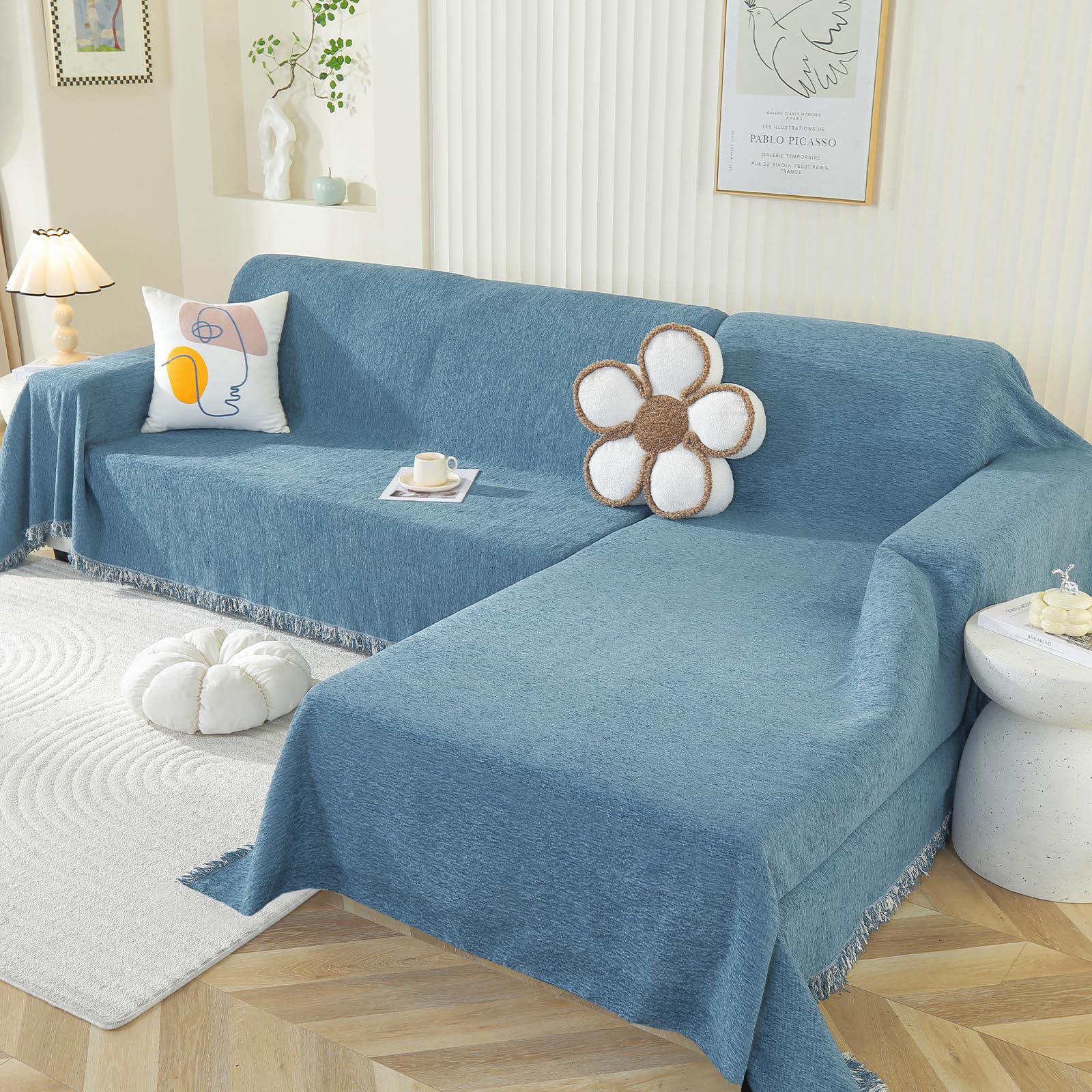 OstepDecor Sectional Couch Covers 2 Pieces, L Shaped Sofa Cover, Chenille Couch Cover for Dogs Washable, Couch Cover Blanket, Sofa Slipcover for 2-3