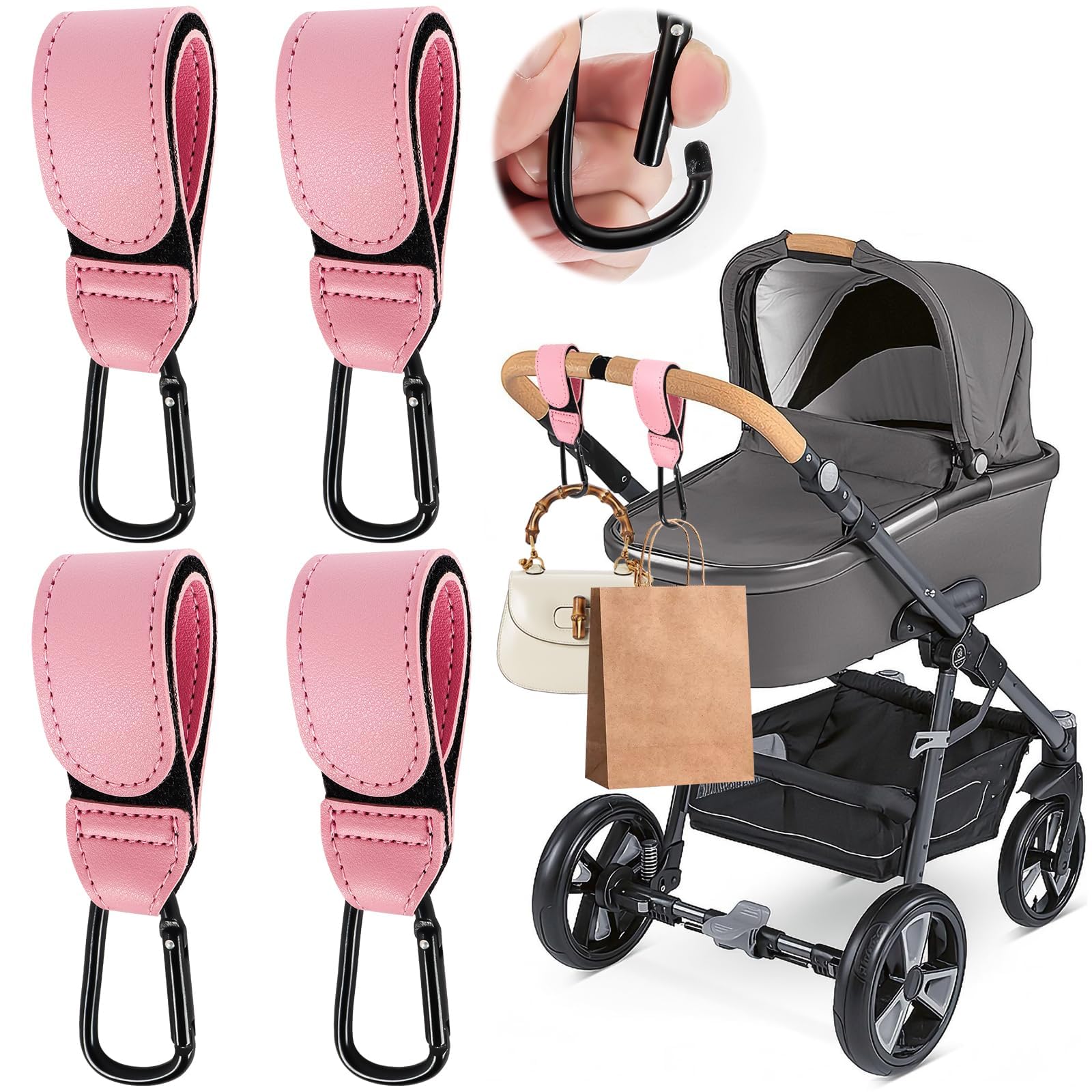 4 Piece Pink PU Leather Stroller Hooks, Carabiner Bag Holder for Bikes and Prams, Multipurpose Storage Hook for Families, Urban Commute Accessory-image-8