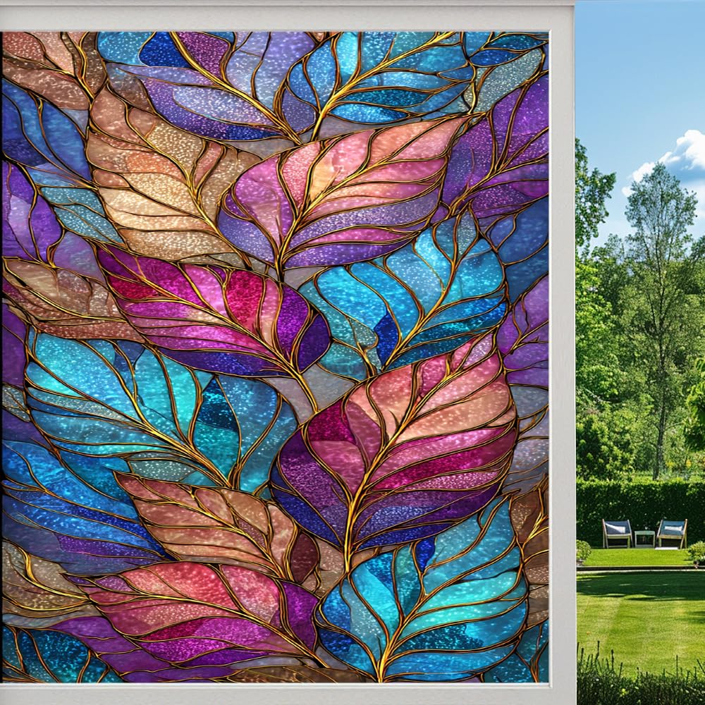 Pmlbaous Retro Branch Leaves Privacy Window Film, Texture Natural Colorful Plant Frosted Self-Adhesive Vinyl Cling For Glass Doors Bathroom Windows Sun Blocking Heat Control, （90X140cm）