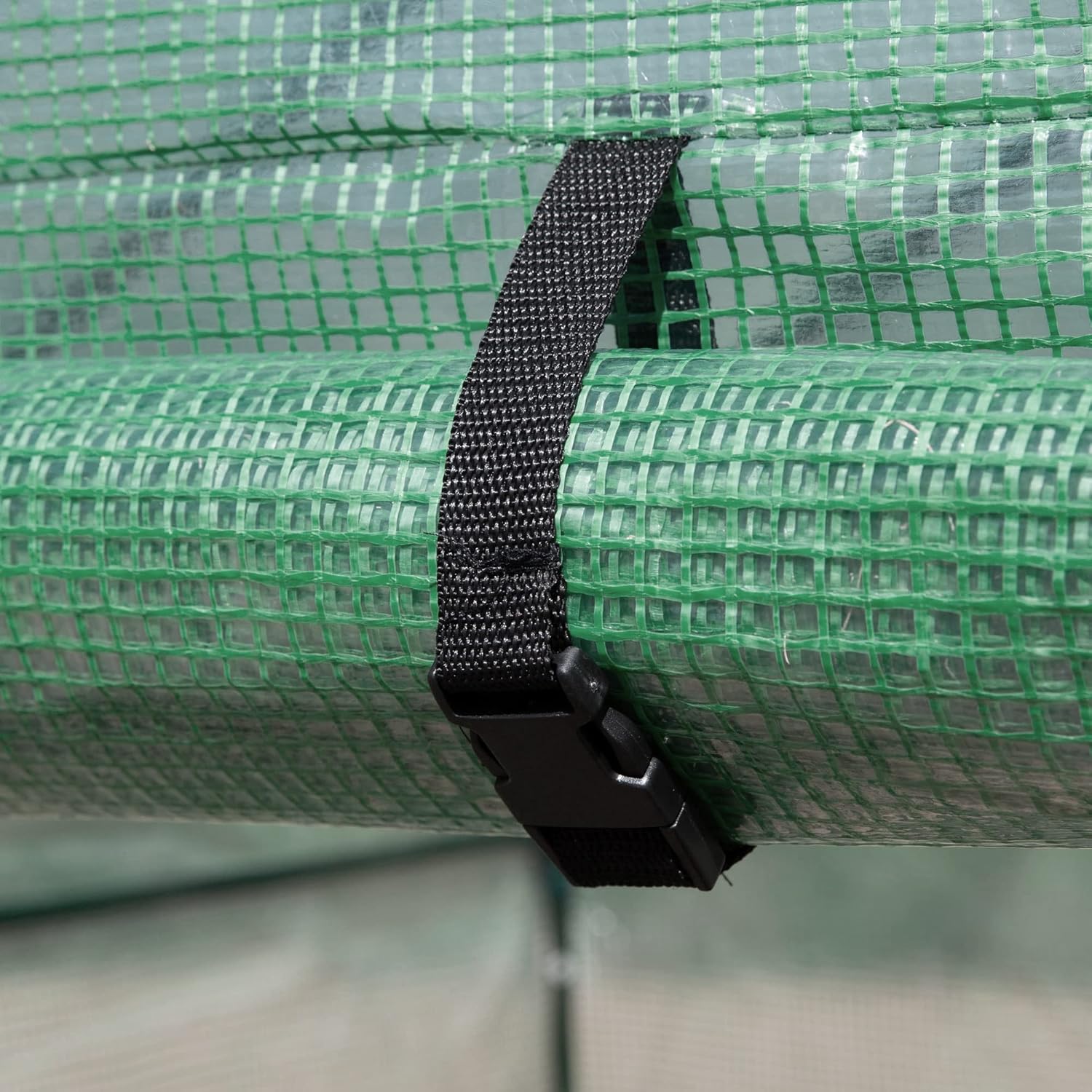 Close-up of the buckle securing the rolled-up door