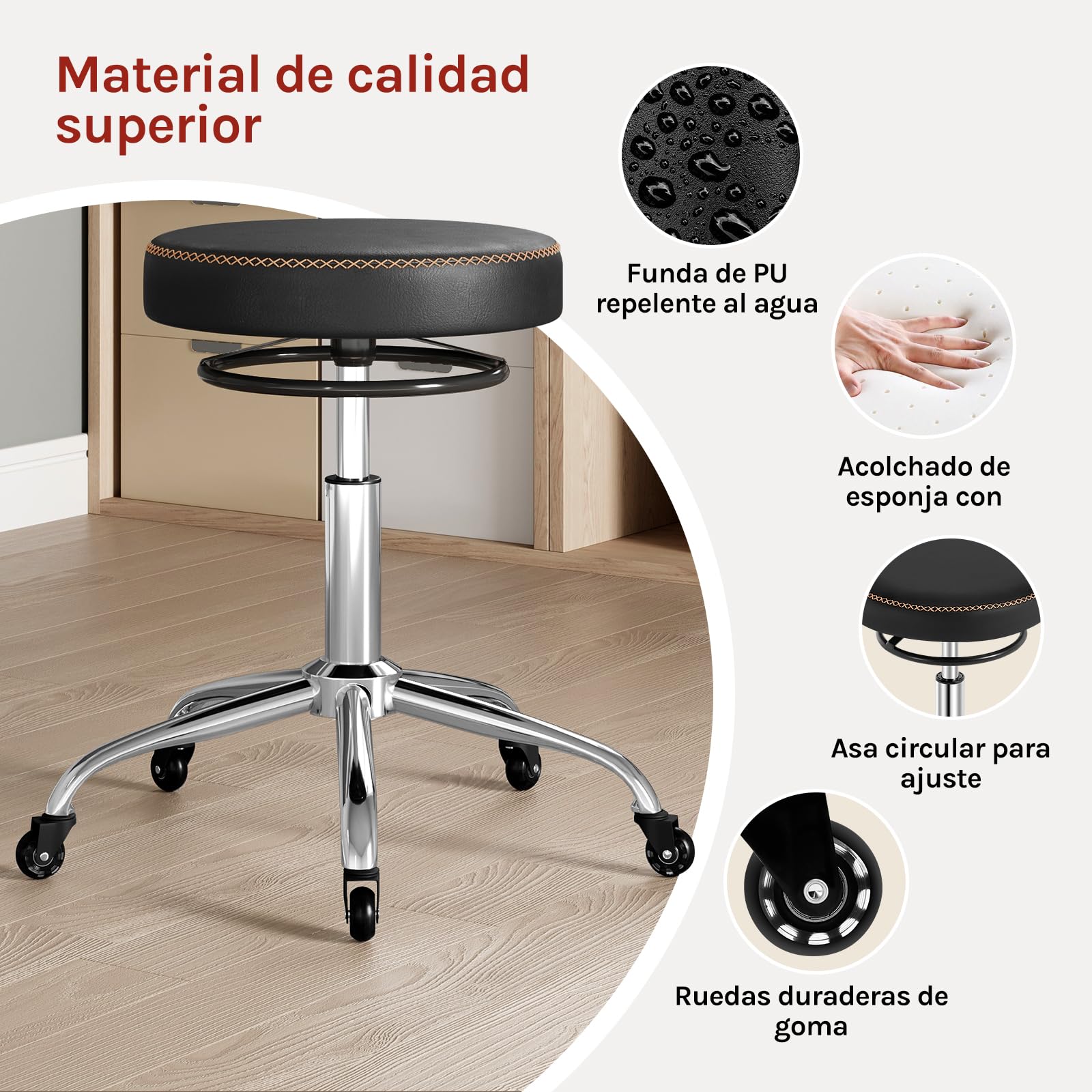 WOLTU Taburete con Ruedas, Taburete Oficina de PU, Negro | Silla de Trabajo, Altura Ajustable, Silla Giratoria para Masajes, Oficina, Clínica y Laboratorio