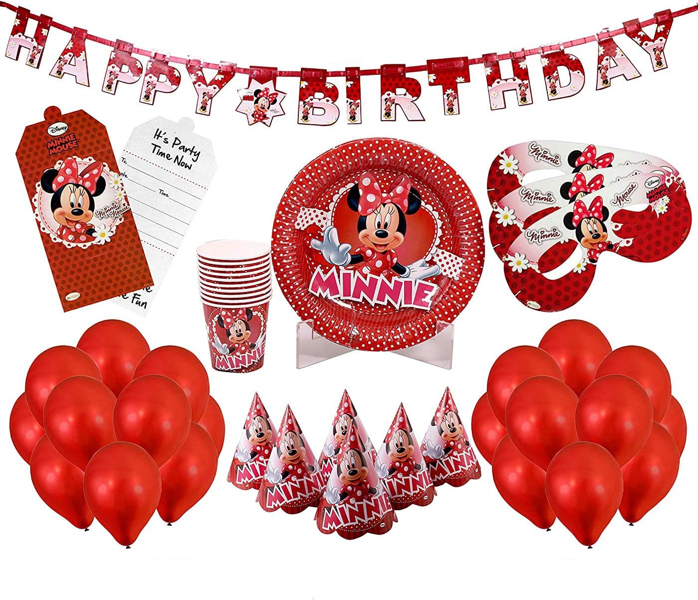 Party Hour Disney Minnie Combo Set of Metallic Happy Birthday Balloon, Banner, Eye Mask, Invitation Card, Cap, Plate and Cup for Birthday Party Decoration of Kids, Age 4 to 12 Years