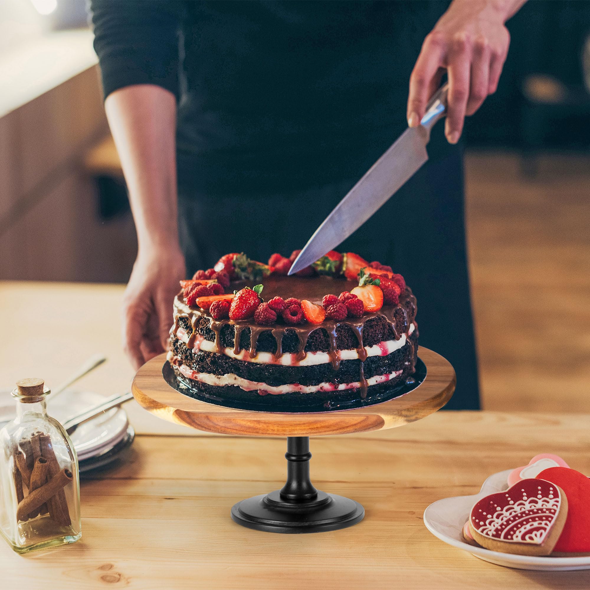Soporte para Tartas/Cupcakes de Madera 1 Nivel Medio | Puesto de Postres de Madera con Base de Roble, Bandeja para Servir, para Fiesta de Cumpleaños, té de la Tarde