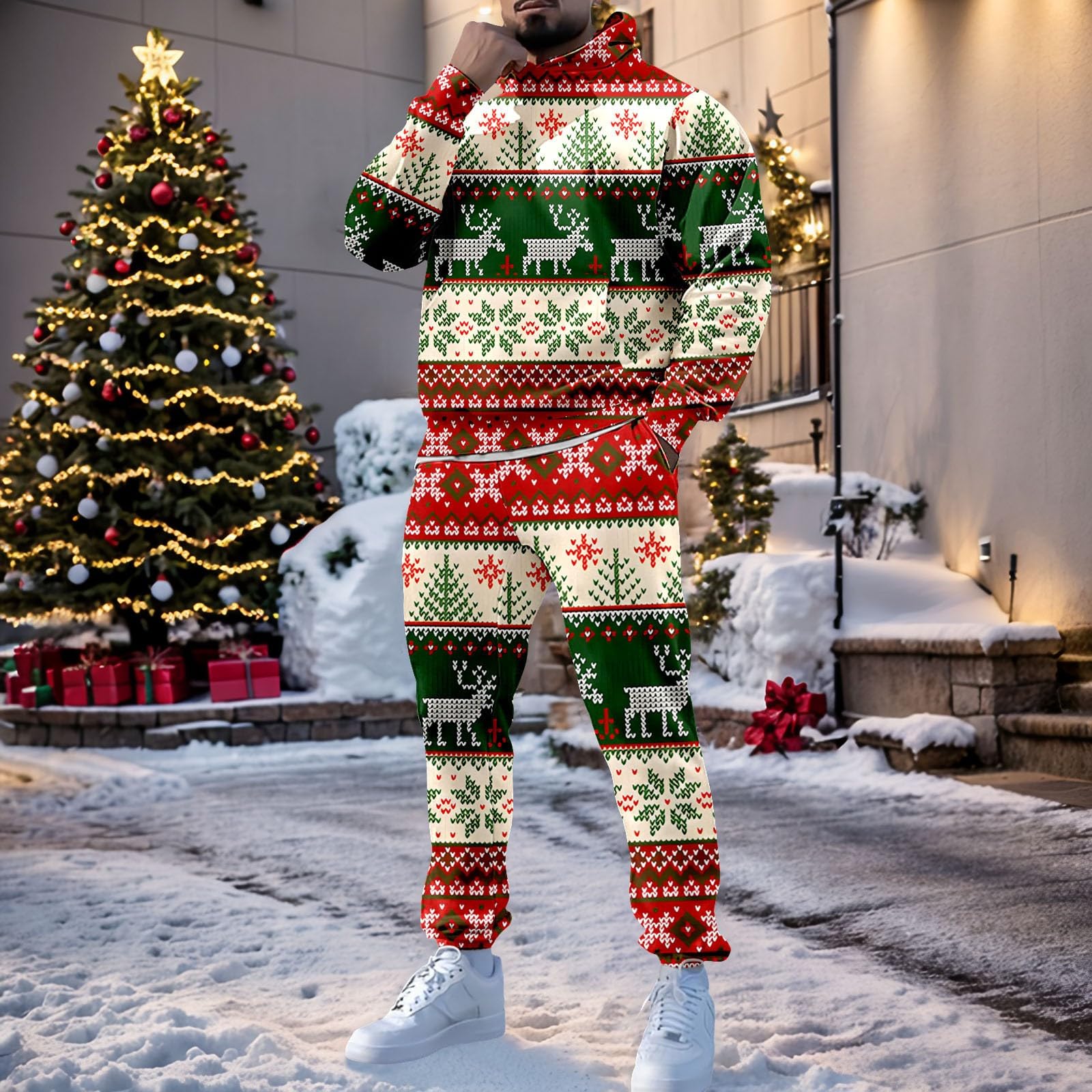 Generisch Juegos de Navidad para hombres de 2 piezas - Conjuntos de sudaderas trajes a juego Chándales de entrenamiento cómodos de dos piezas con capucha