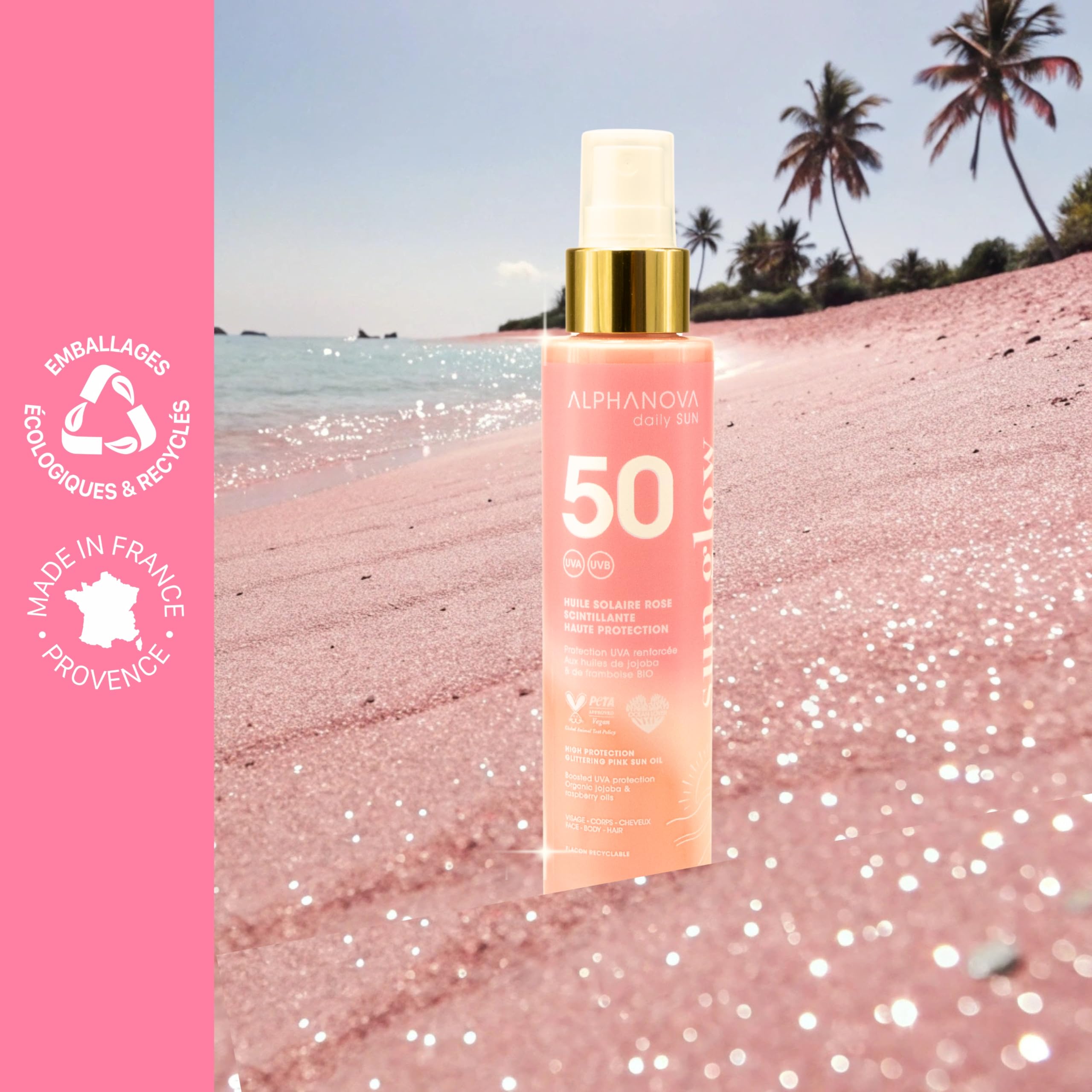 ALPHANOVA DAILY SUN - Huile Solaire SPF50 Scintillante Rose - SUN GLOW - naturel - écoresponsable - 125ml