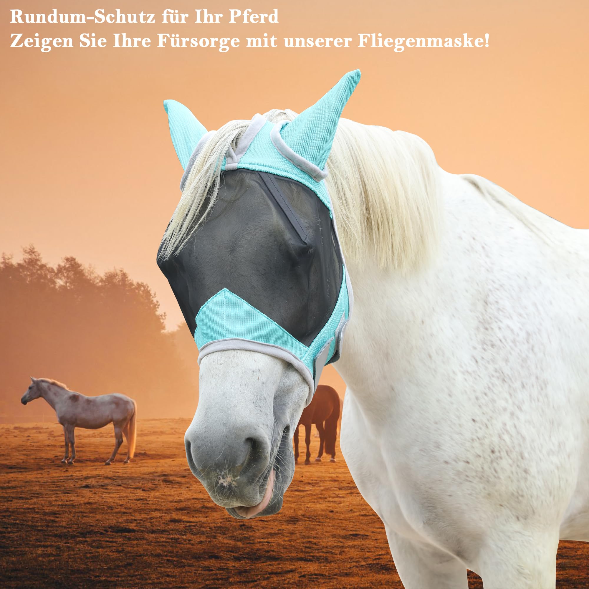 Fliegenmaske Pferd mit Ohren – leichtes Mesh, atmungsaktiv, UV-Schutz, weich gepolstert & bequem, verstellbar Hellgrün Pony