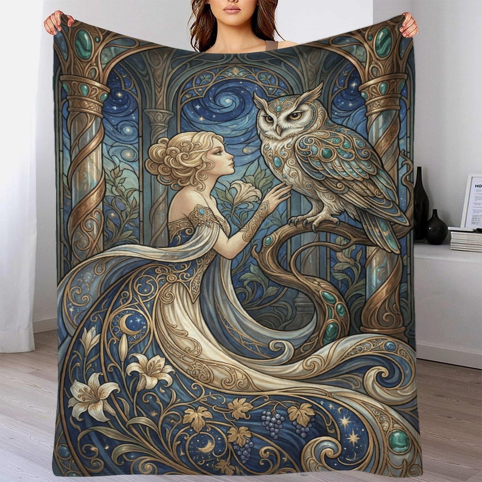W7C8U2X3 Art Nouveau Mucha Owl Goddess Flannel Throw Blanket, TV Time Sofa