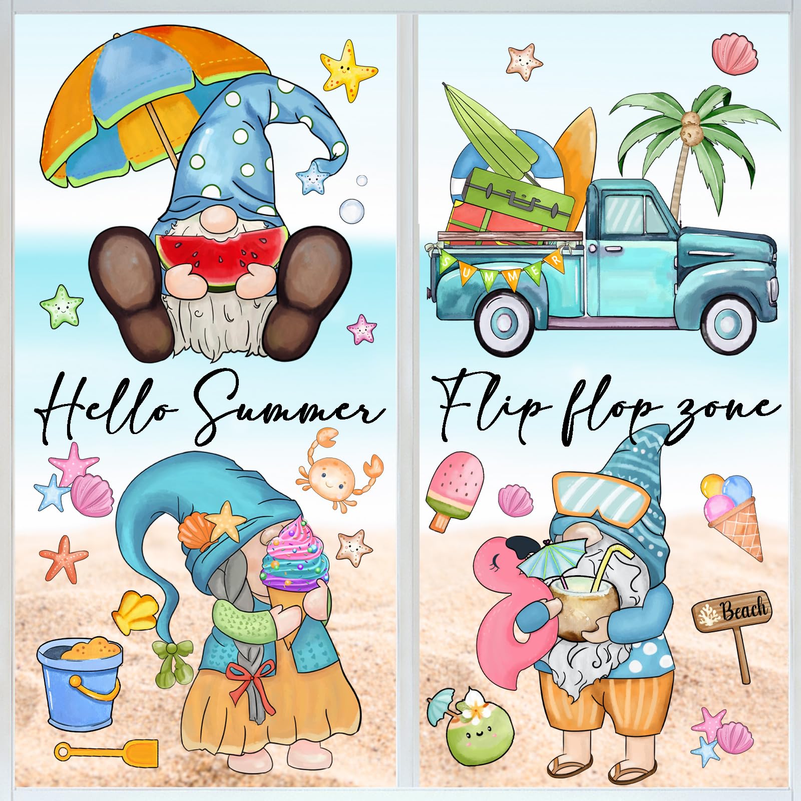 AnyDesign 109Pcs Summer Hawaii Gnomes Window Clings Hello Summer Tropical Gnome Truck Beach Scene Window Decals Watercolor Reusable PVC Stickers for Home Party Window Glass Mirror Decoration Supplies