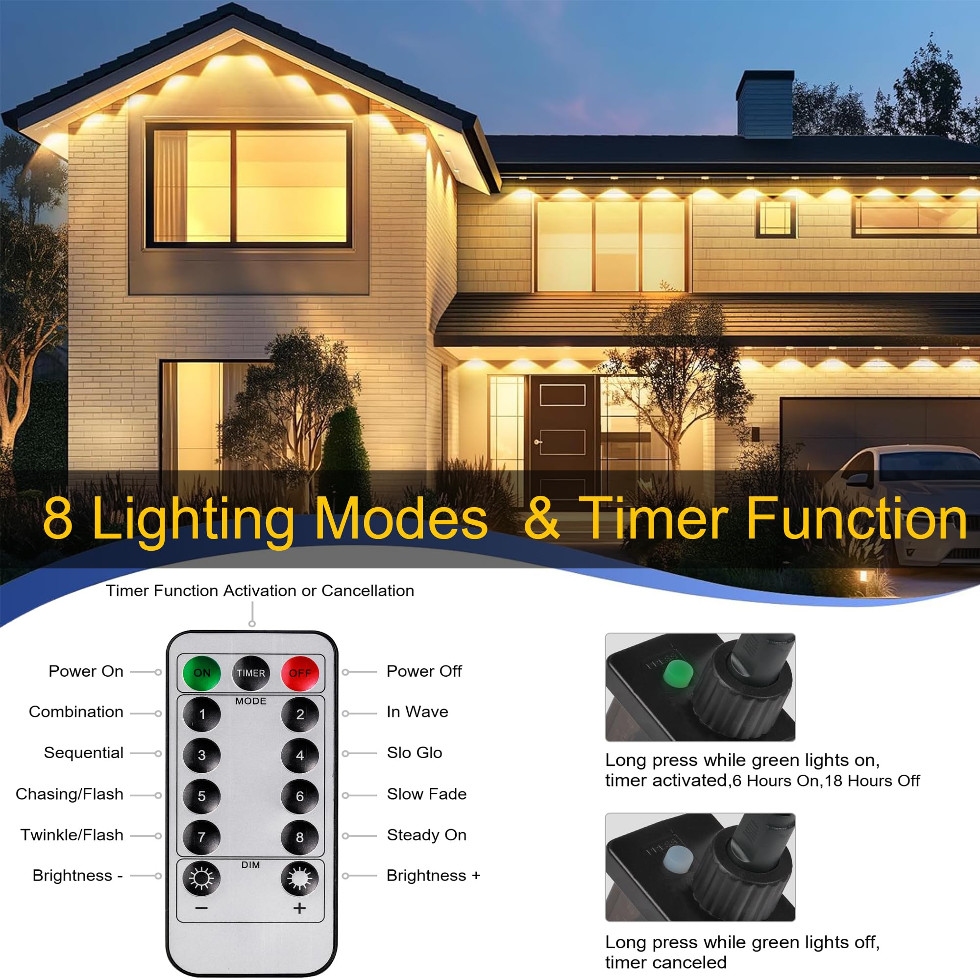 Tacobey Luci di Gronda Natale - 15m 36 LED Catena Luminosa Bianco Caldo con Telecomando, 8 Modalità, Impermeabile, Timer, Collegabile Luci di Gronda Natalizie da Esterno ed Interno
