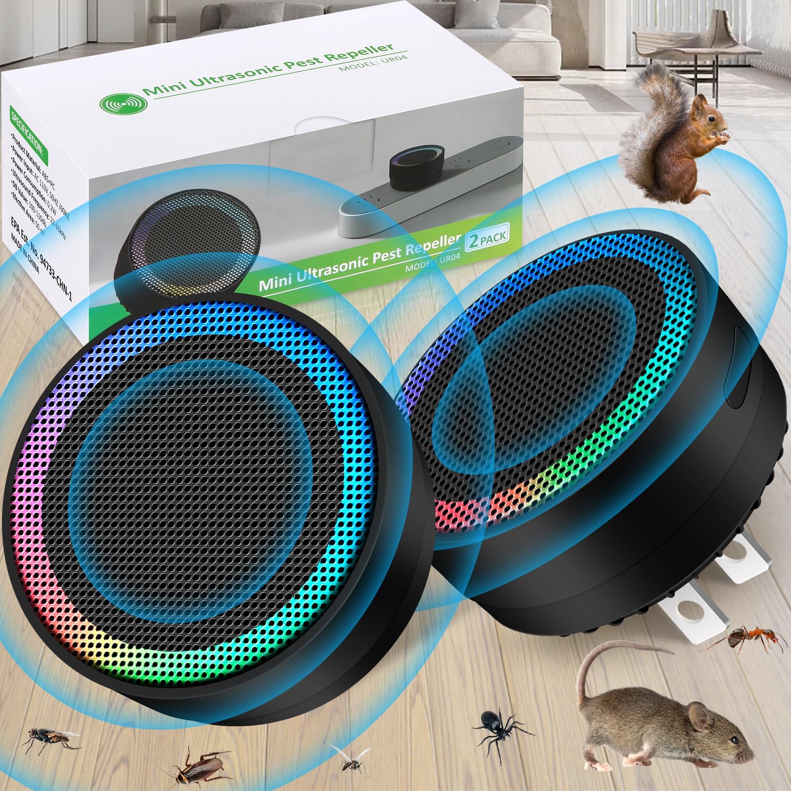 Ultrasonic Mouse Control Device, 360° Indoor Mouse Preventer Plug in, Mini Pest Prevention Device for House, Effectively Repels Mouse, Rodent, Roach, Mosquito (Black-2 Pack)