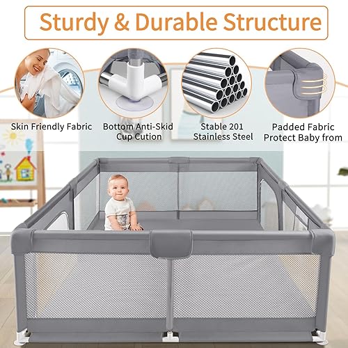 Miniatura 7 de Sour Lemon Corralito para bebés de 79 x 71 pulgadas, extra grande, corralito para bebés y niños pequeños, corralito de juego con valla de seguridad