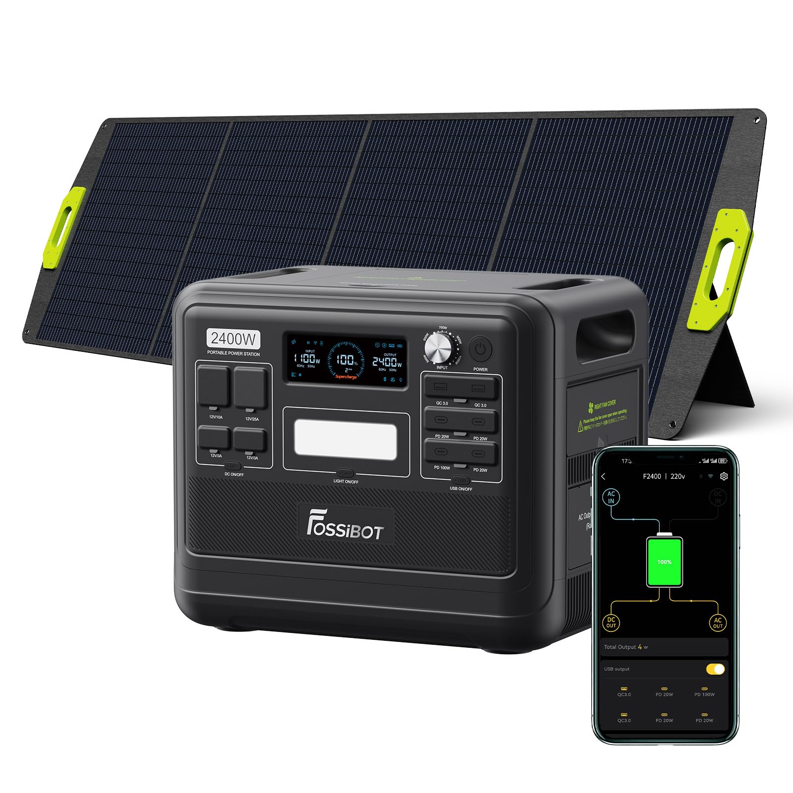 Fossibot F2400black2 F2400 Portable Power Station With 200W Solar Panel, Outputs 2400W (4800W Peak) 2048Wh Lifepo4 Solar Generator, Applicable To Rv/Camping/Home